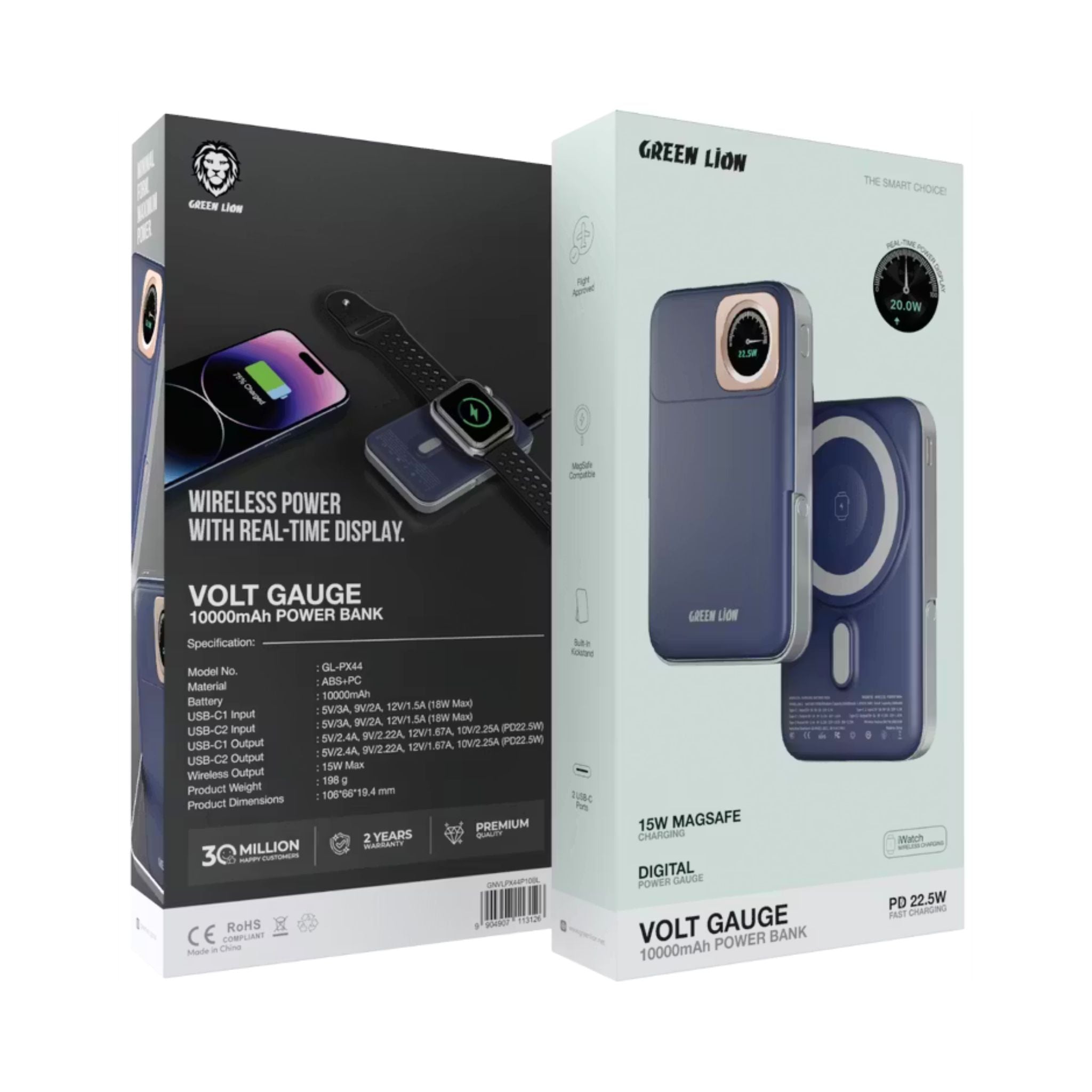 Green Lion Volt Gauge 10000mAh Power Bank with Dual USB-C Ports, ABS & PC Material, 15W Wireless Output, 22.5W Power Delivery, Flight Approved, Built-in Kickstand, Fast Charge Support - Blue