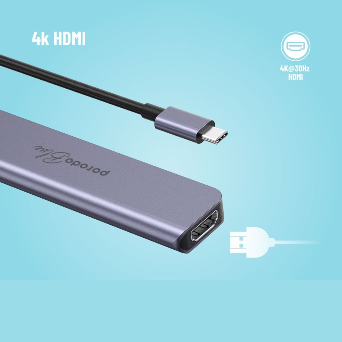 Porodo Blue 7in1 Hub HDMI 2XUSB-A 2XUSB-C SD MicroSD_Grey