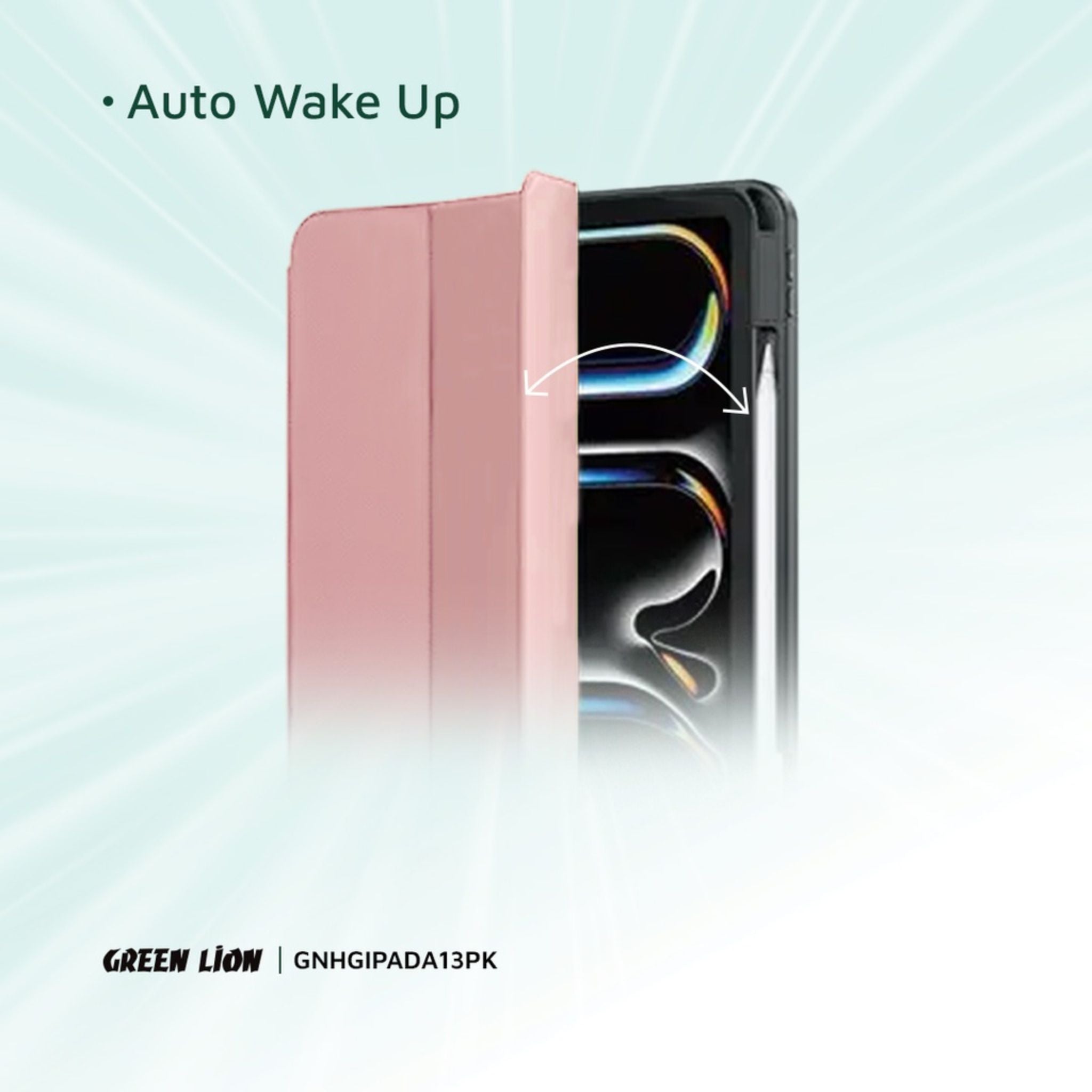 Green Lion Hogo Premium Case with Pencil Holder for iPad Pro 13", Ultra Slim Fit, Stable Tri-Fold Stand, Built-in Pencil Holder, Magnetic Smart Cover, Auto Sleep/Wake - Pink