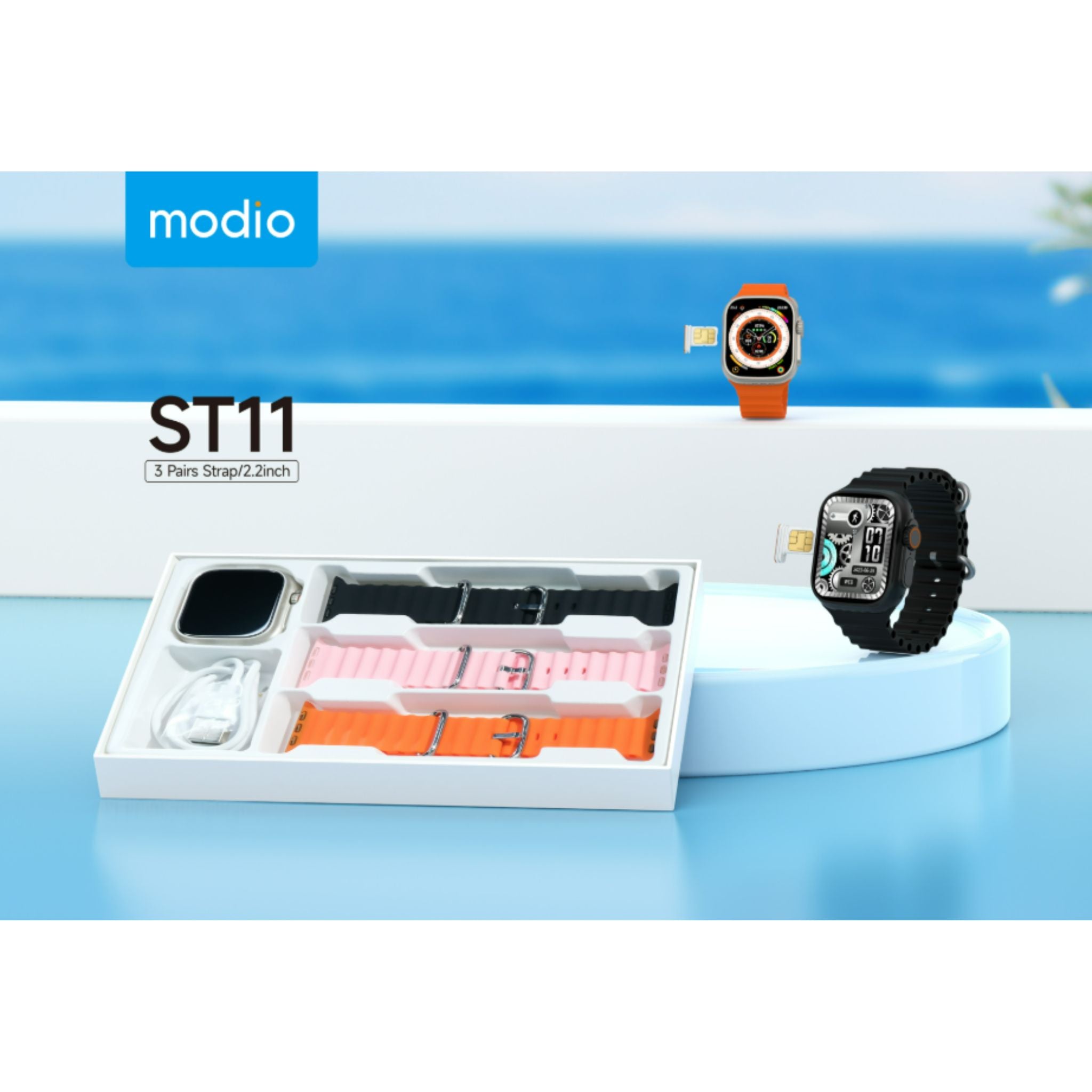 Modio ST11 Smart Watch 2.2 Inch Full Screen Display With 4G SIM card Support 3 Pair Straps and Wireless Charger For Ladies and Gents Black