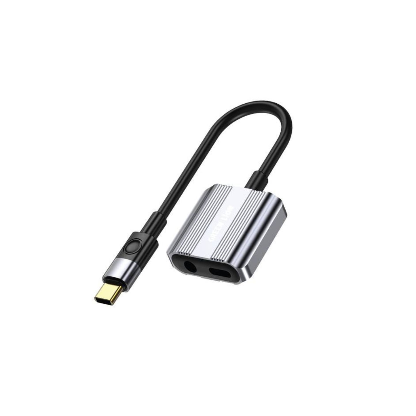 Green Lion 2-in-1 Splitter Adapter Type-C to AUX & Type-C, 12 cm, 5V/2.4A, 12W Charging Output, Aluminum Alloy + TPE - Gray