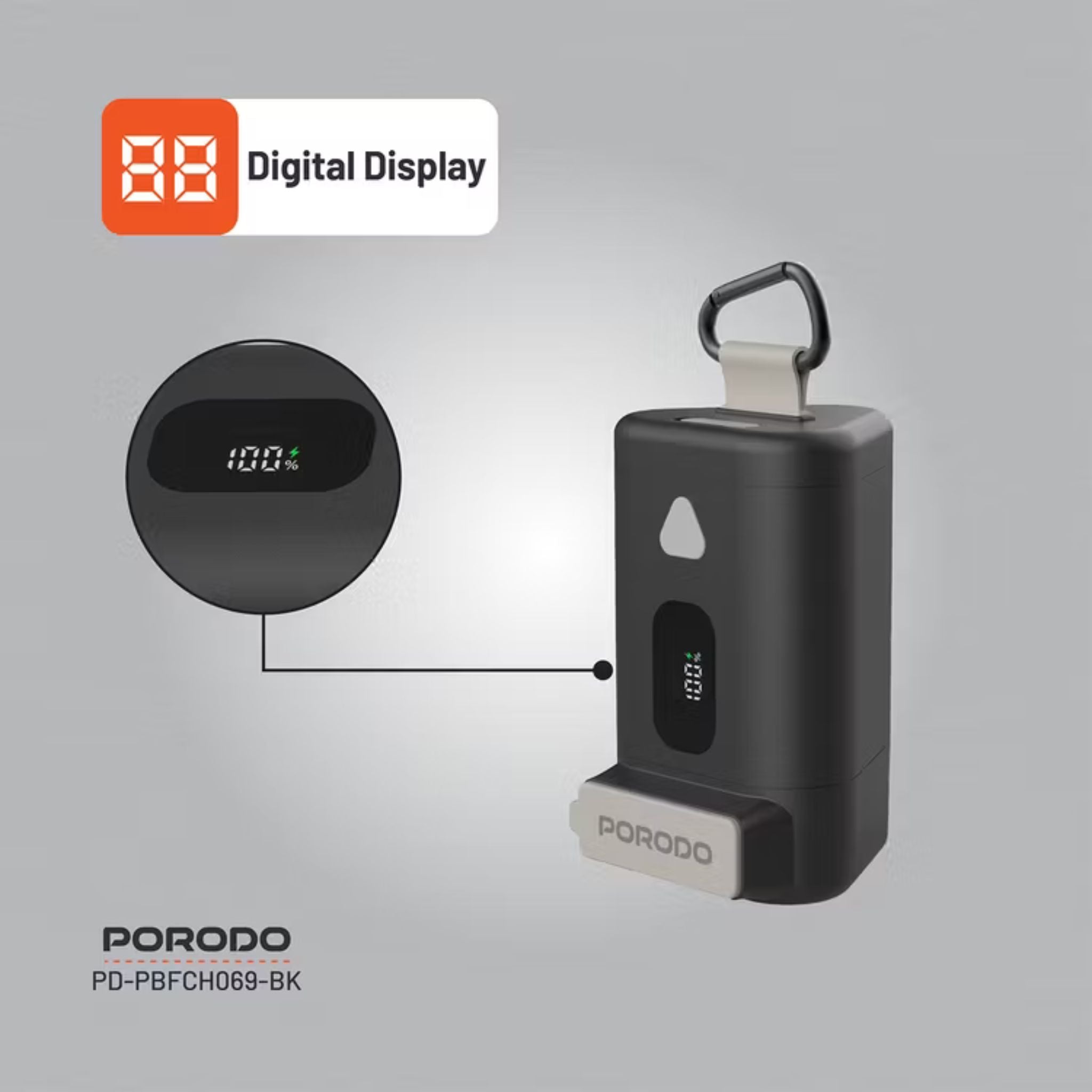 Porodo 15000mAh Power Bank with 70cm Retractable Type-C Cable, 65W Power Delivery, Built-in Safeguards, Digital Display, 0-40°C Operating Temperature - Black