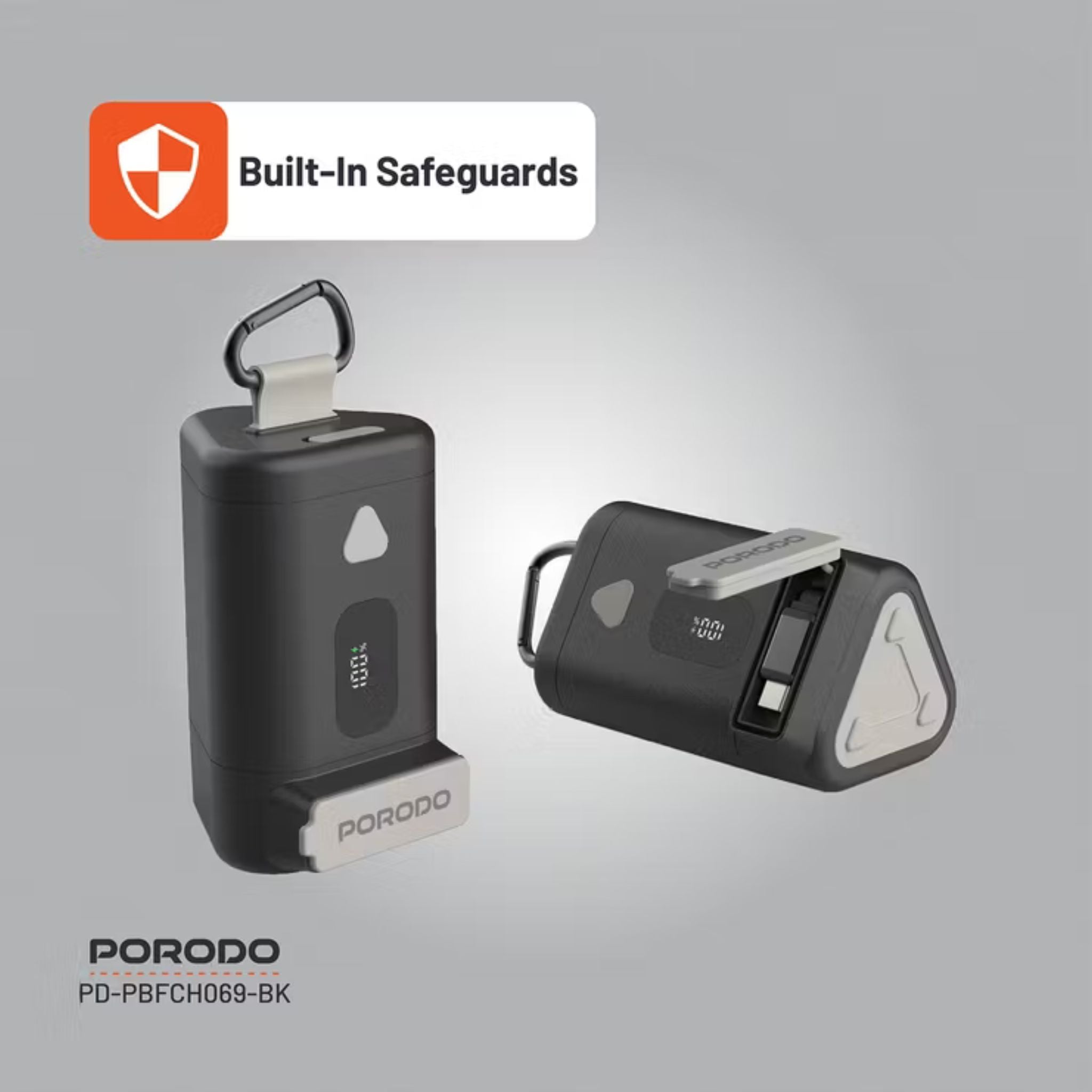 Porodo 15000mAh Power Bank with 70cm Retractable Type-C Cable, 65W Power Delivery, Built-in Safeguards, Digital Display, 0-40°C Operating Temperature - Black