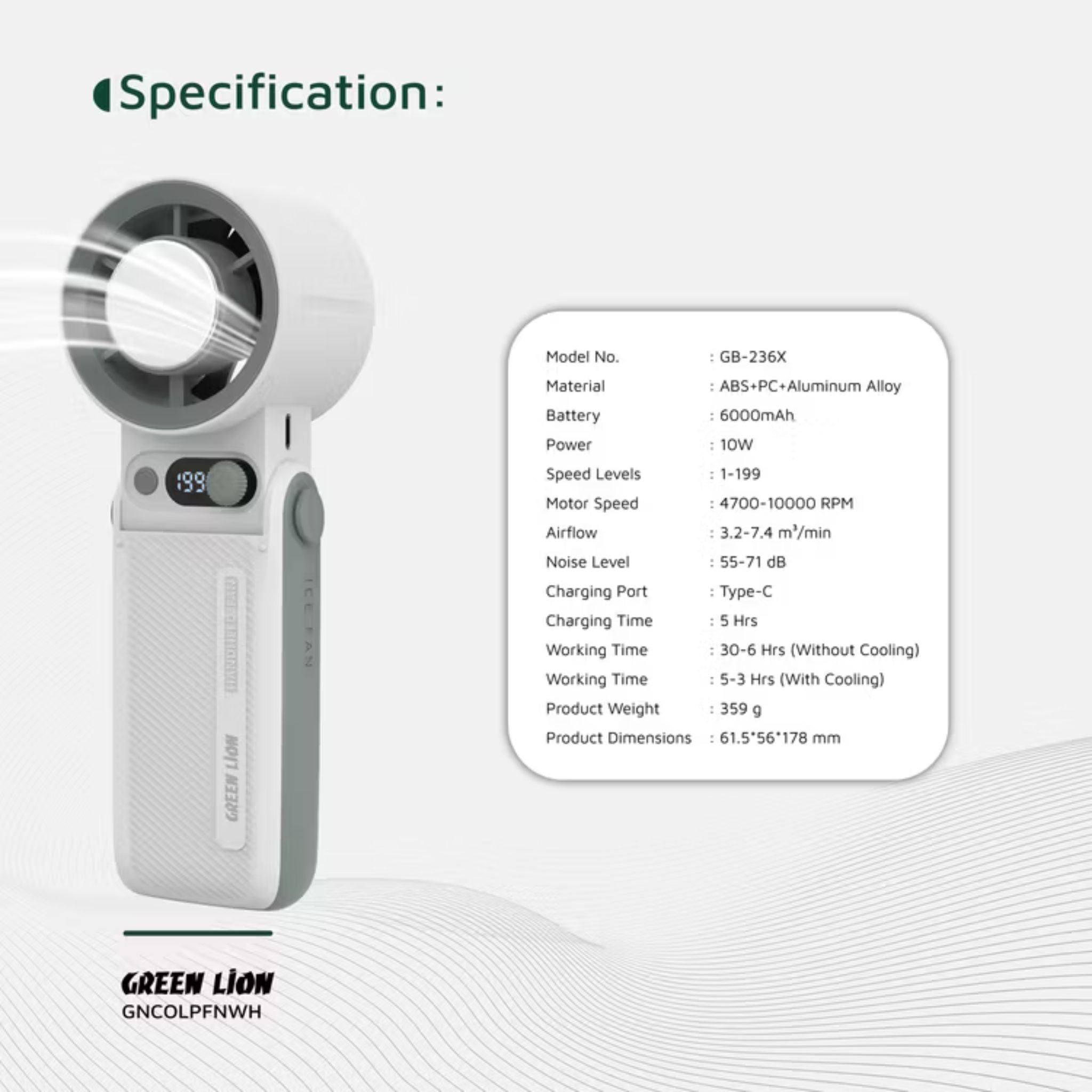 Green Lion Coolio Portable Fan with 1-199 Speed Levels, 6000mAh Battery Capacity, 5 Hours Charging Time, Type-C Charging Time, ABS + PC & Aluminum Alloy Material, 30 Hours Working Time, Silent Operation - White