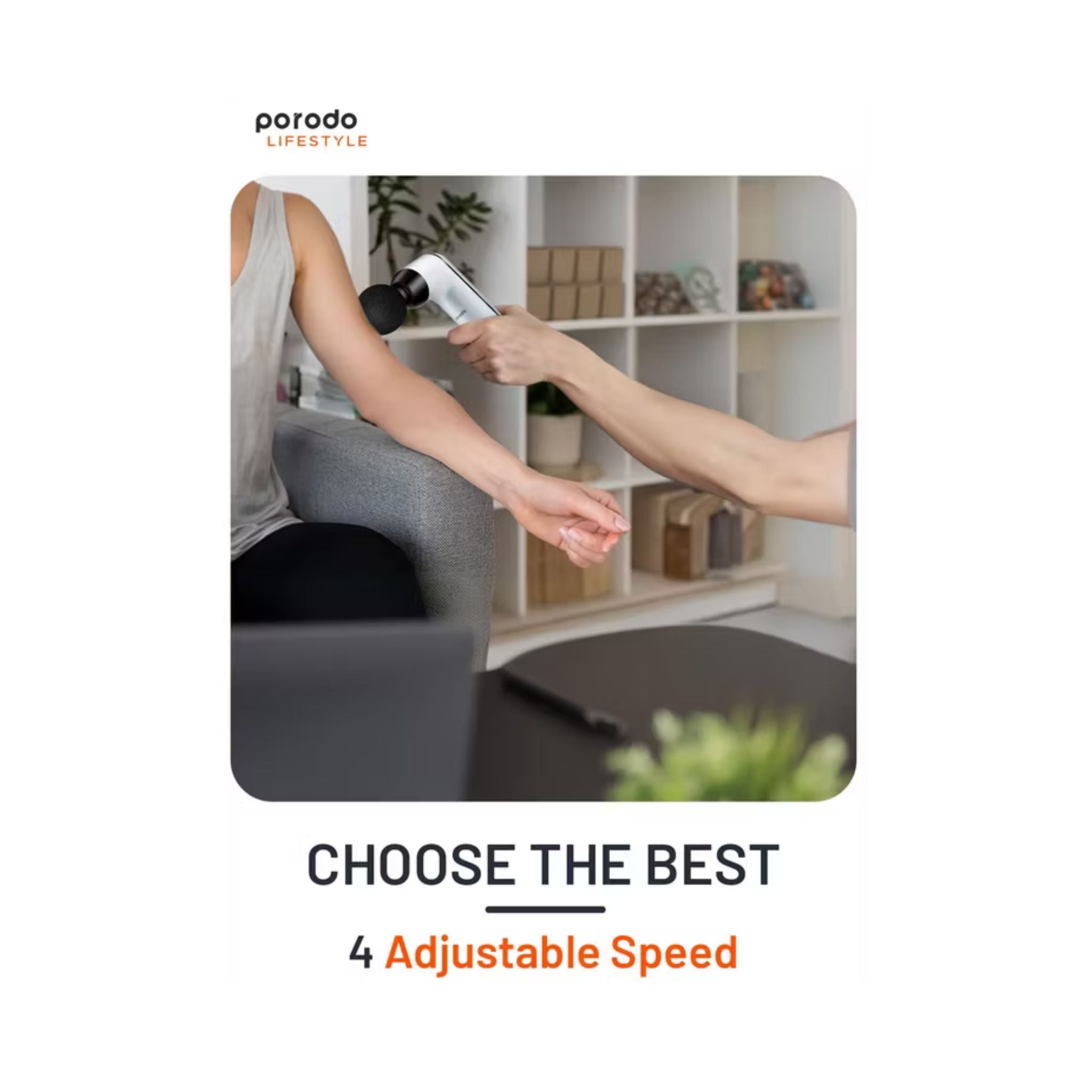 Porodo Lifestyle Mini Massage Gun 2000mAh Battery, Cordless, Adjustable Speed, 4 Interchangeable Heads, USB-C Charging, Lightweight & Portable, Ergonomic & Low Noise Design_White
