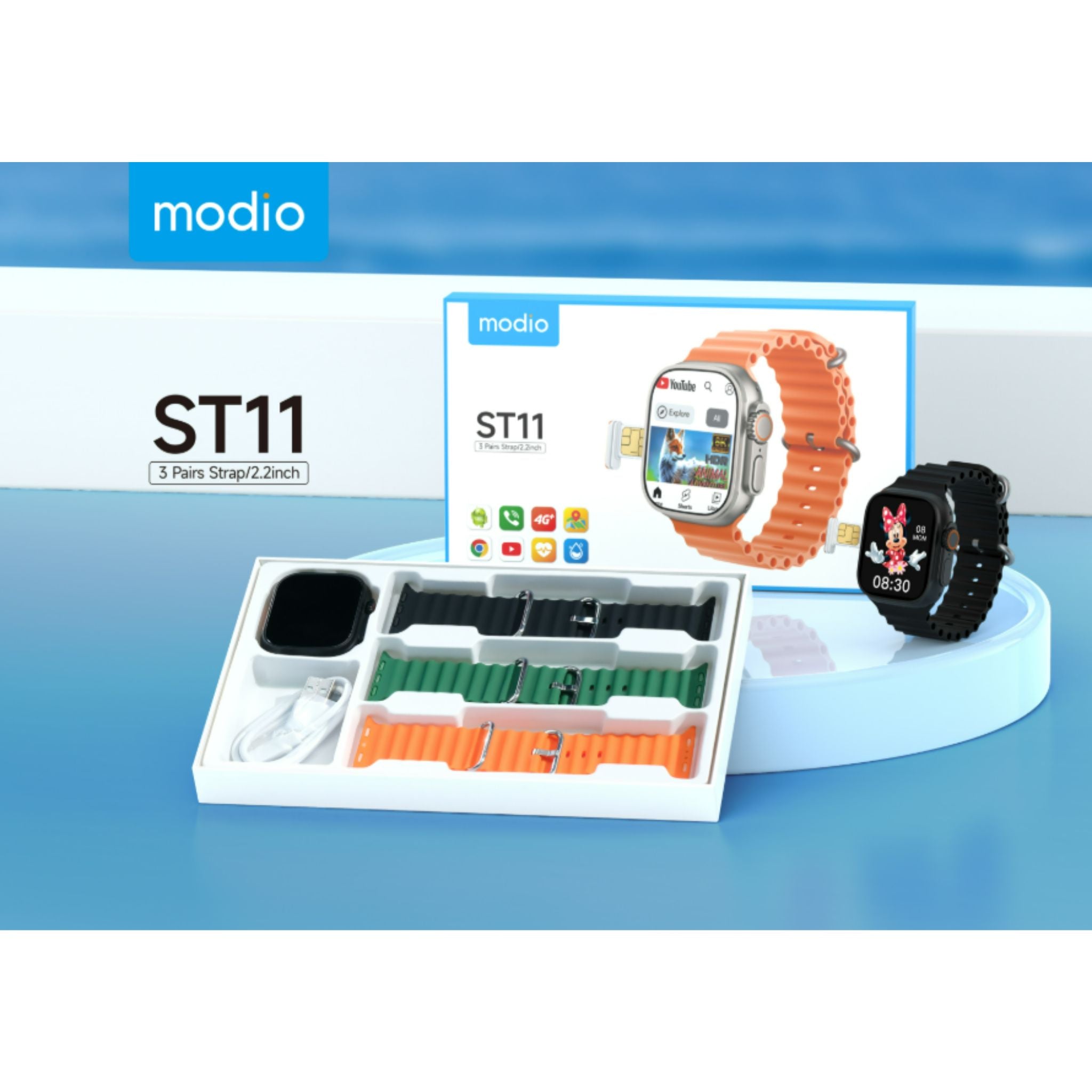 Modio ST11 Smart Watch 2.2 Inch Full Screen Display With 4G SIM card Support 3 Pair Straps and Wireless Charger For Ladies and Gents Black