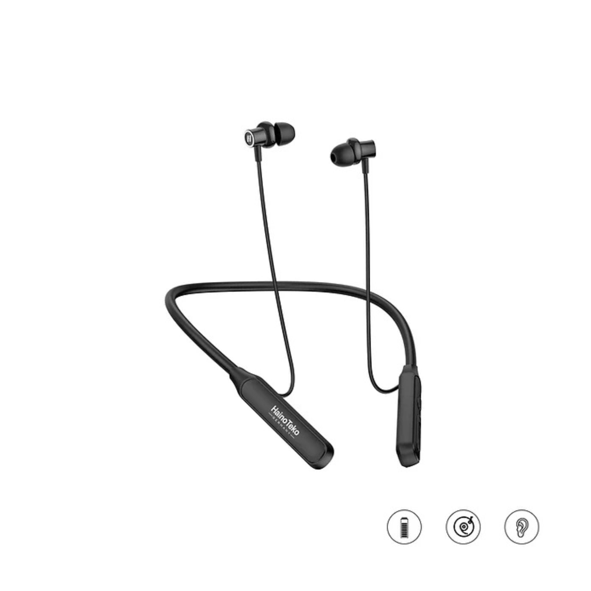 A pair of black Haino Teko wireless neck headphones with a neckband design and in-ear tips.