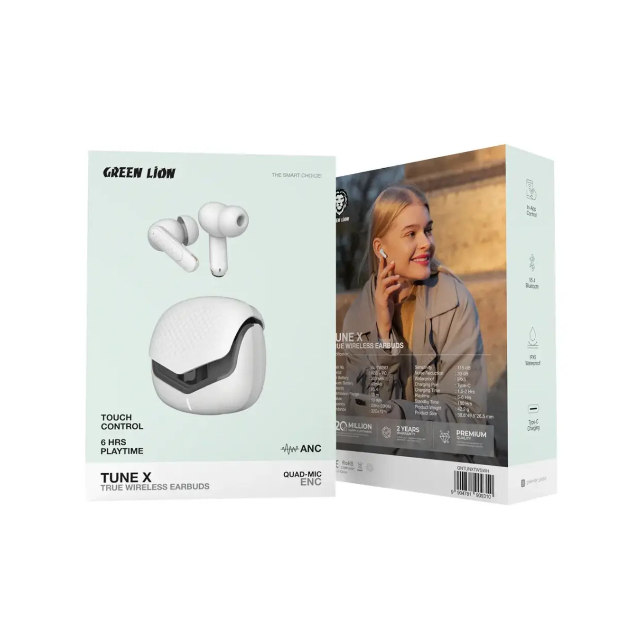 Green Lion TUNE X True Wireless Earbuds, Quad-Mic ENC, IPX5 Waterproof, Touch Control, 5-6 Hrs Playtime, Type-C Charging, Noise Reduction, Enhanced Audio Experience, In-App Control-White