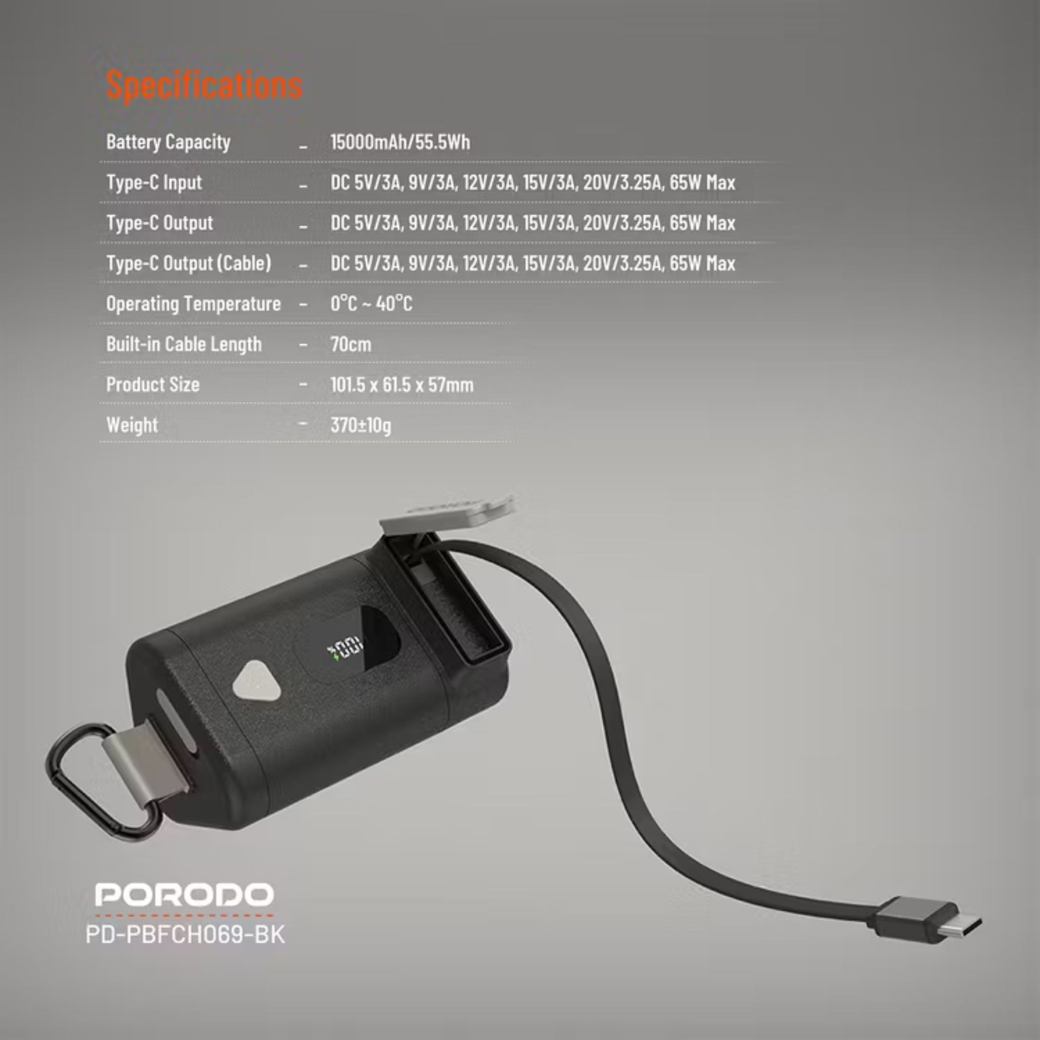 Porodo 15000mAh Power Bank with 70cm Retractable Type-C Cable, 65W Power Delivery, Built-in Safeguards, Digital Display, 0-40°C Operating Temperature - Black