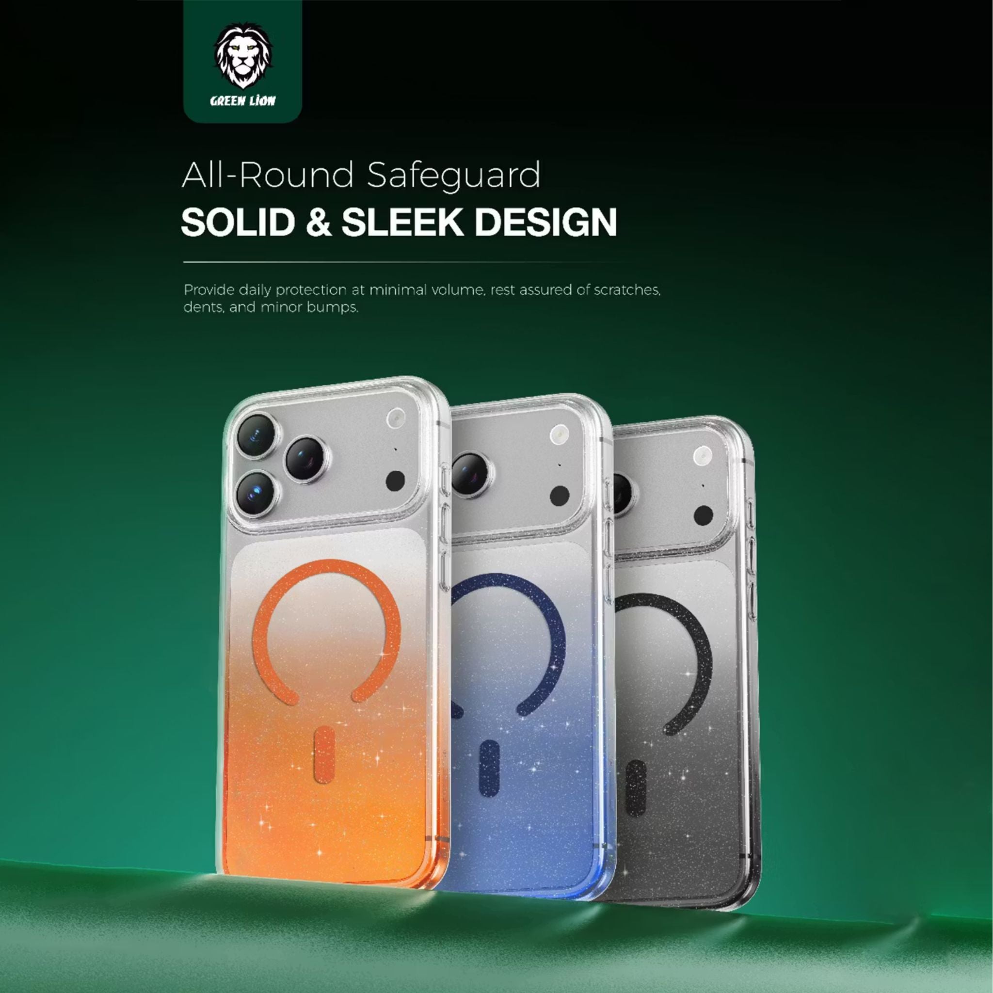 Green Lion Glitter MagSafe Case for iPhone 17 Pro, Anti-Fingerprint & Anti-Scratch, Comfortable Grip, Camera Protection, Anti-Yellowing, Ultra-Slim & Lightweight Design - Orange