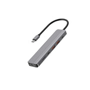 A gray Powerology 6-in-1 Slim 4K HDMI USB-C Hub with a micro SD slot, featuring a USB-C and HDMI port.