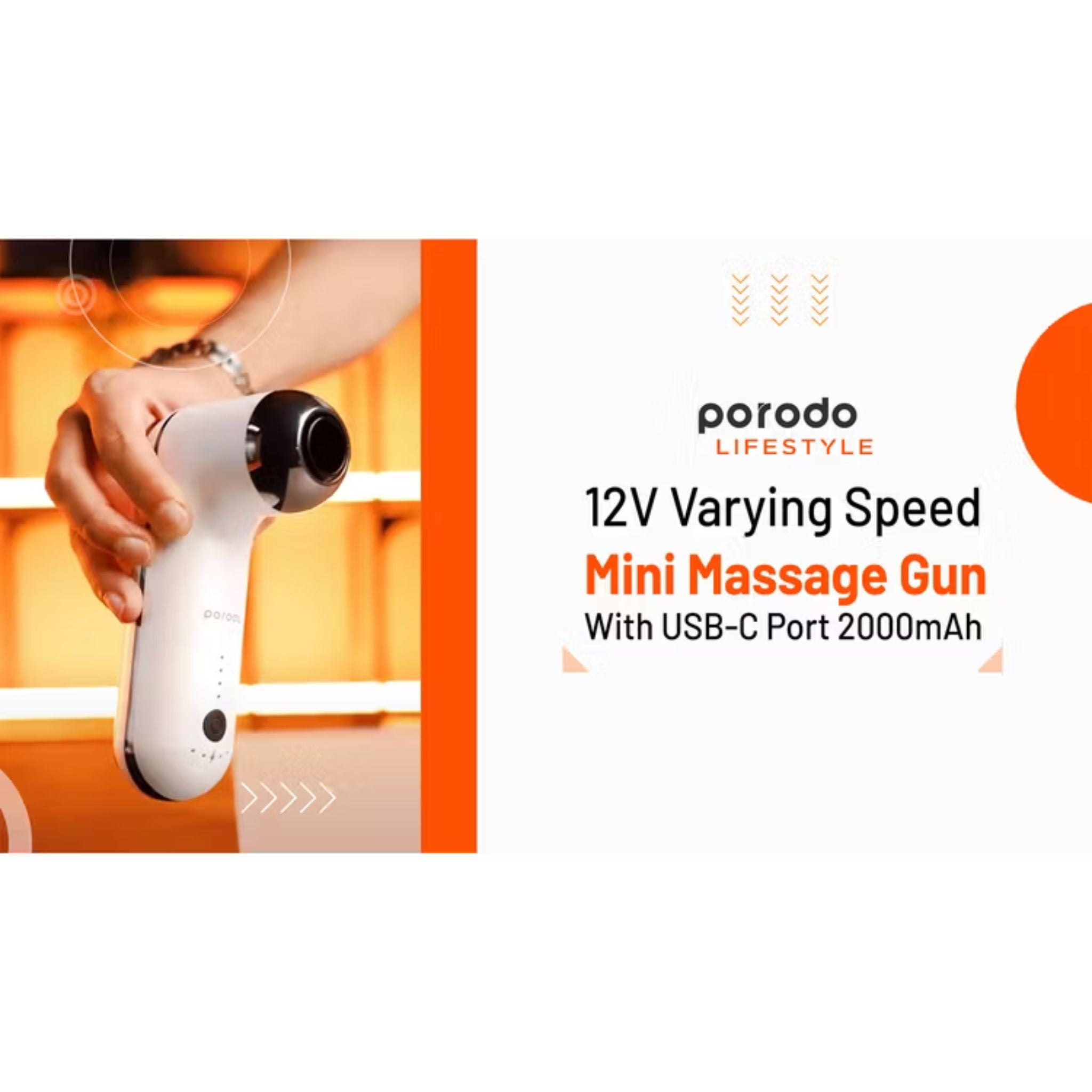 Porodo Lifestyle Mini Massage Gun 2000mAh Battery, Cordless, Adjustable Speed, 4 Interchangeable Heads, USB-C Charging, Lightweight & Portable, Ergonomic & Low Noise Design_White