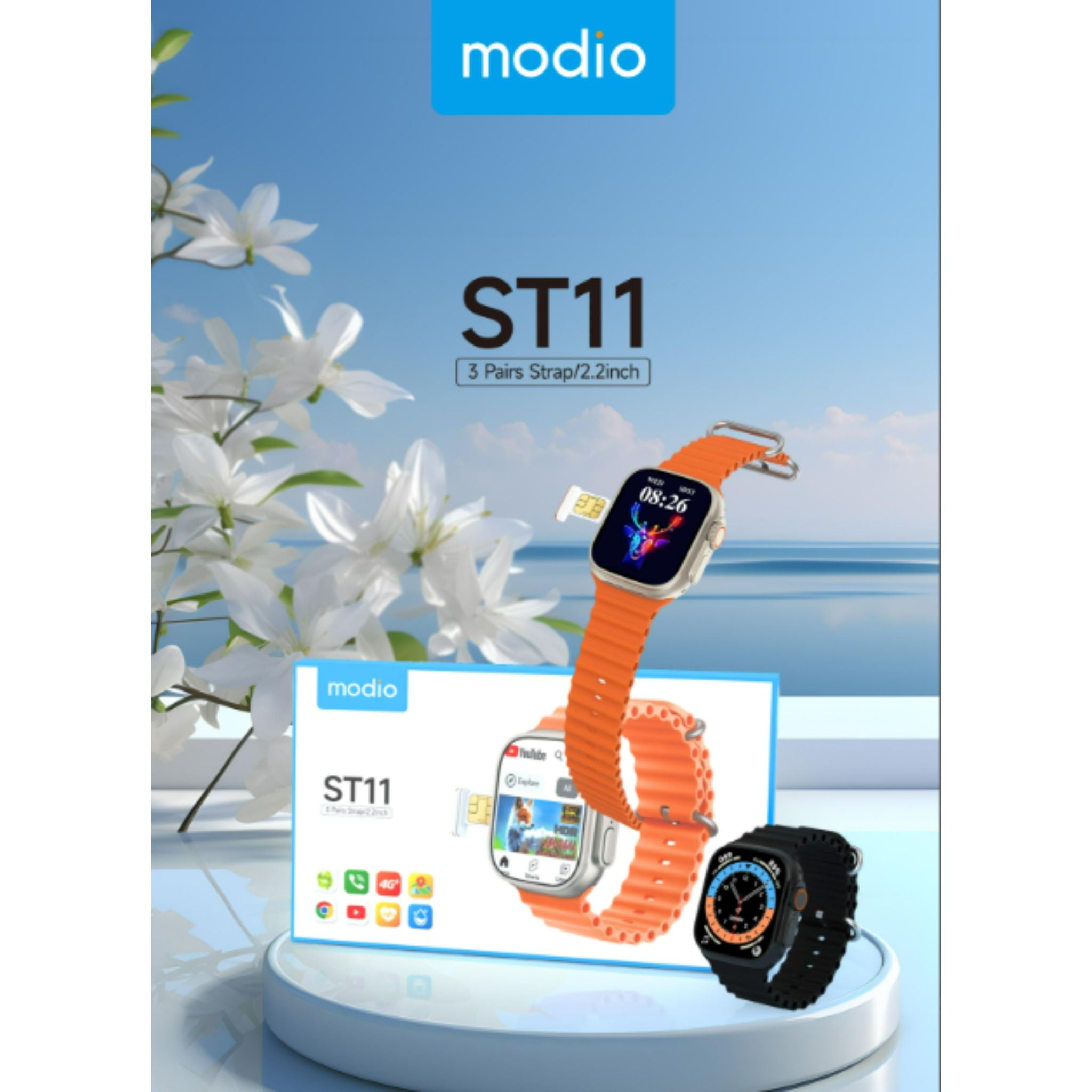 Modio ST11 Smart Watch 2.2 Inch Full Screen Display With 4G SIM card Support 3 Pair Straps and Wireless Charger For Ladies and Gents Black