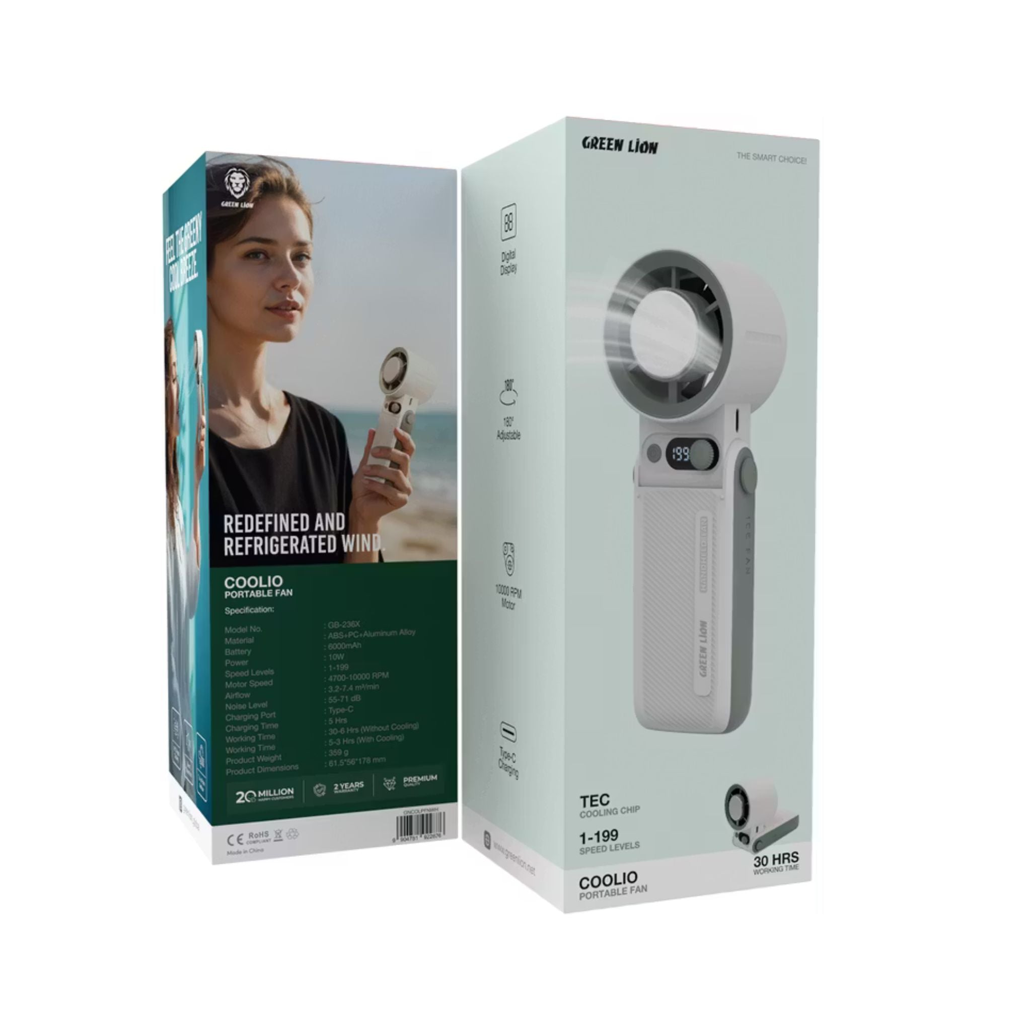 Green Lion Coolio Portable Fan with 1-199 Speed Levels, 6000mAh Battery Capacity, 5 Hours Charging Time, Type-C Charging Time, ABS + PC & Aluminum Alloy Material, 30 Hours Working Time, Silent Operation - White