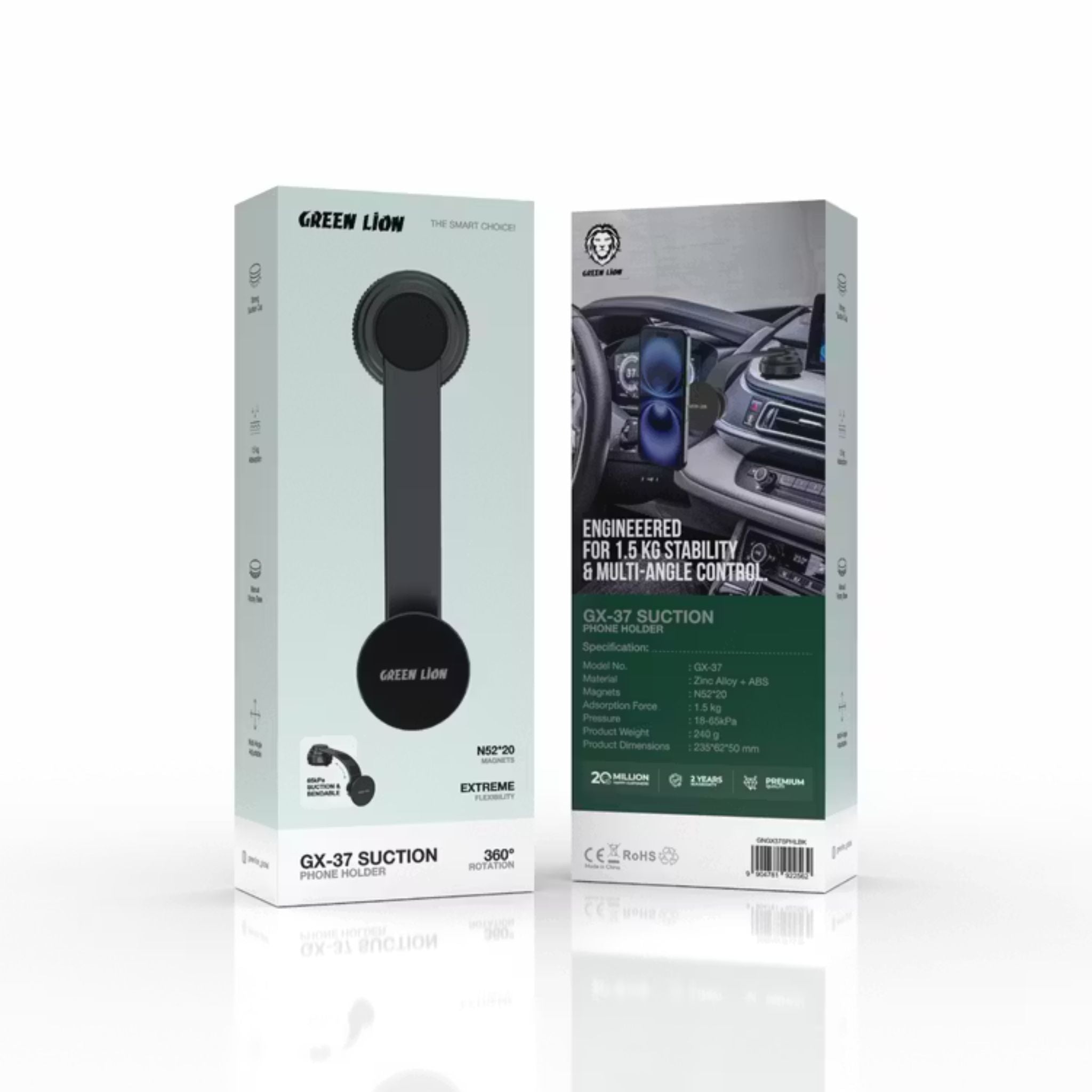 Green Lion GX-37 Suction Phone Holder with Zinc Alloy + ABS Material, Multi-Angle Adjustable, Manual Rotary Base, Strong Suction Cup, 360° Rotation - Black