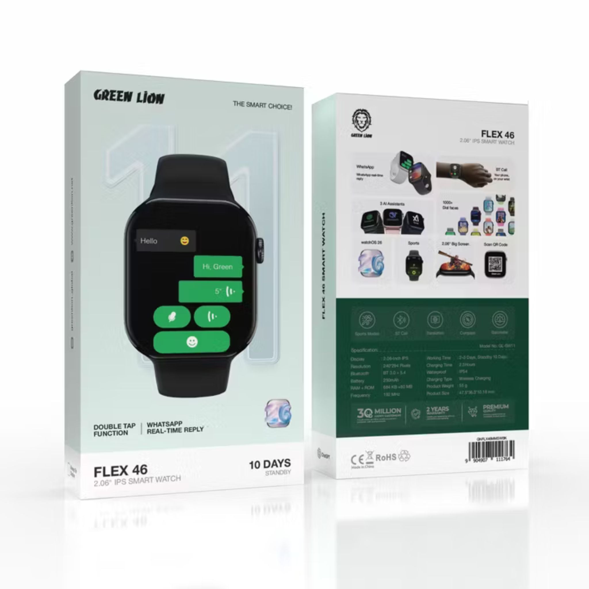 Green Lion Flex 46, 2.06'' IPS Smart Watch, Double Tap Function, WhatsApp Real-Time Reply, 10 Days Standby, Always-On Display, 3 Ai Assistants, Sports Mode, BT Call, Translation, Compass, Barometer, 250mAh Battery, IP54 Waterproof Smart Watch - Black