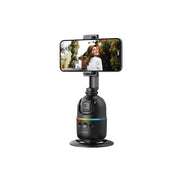A black Green Lion AutoTrack Gimbal with a smartphone mounted on top, displaying face tracking functionality.