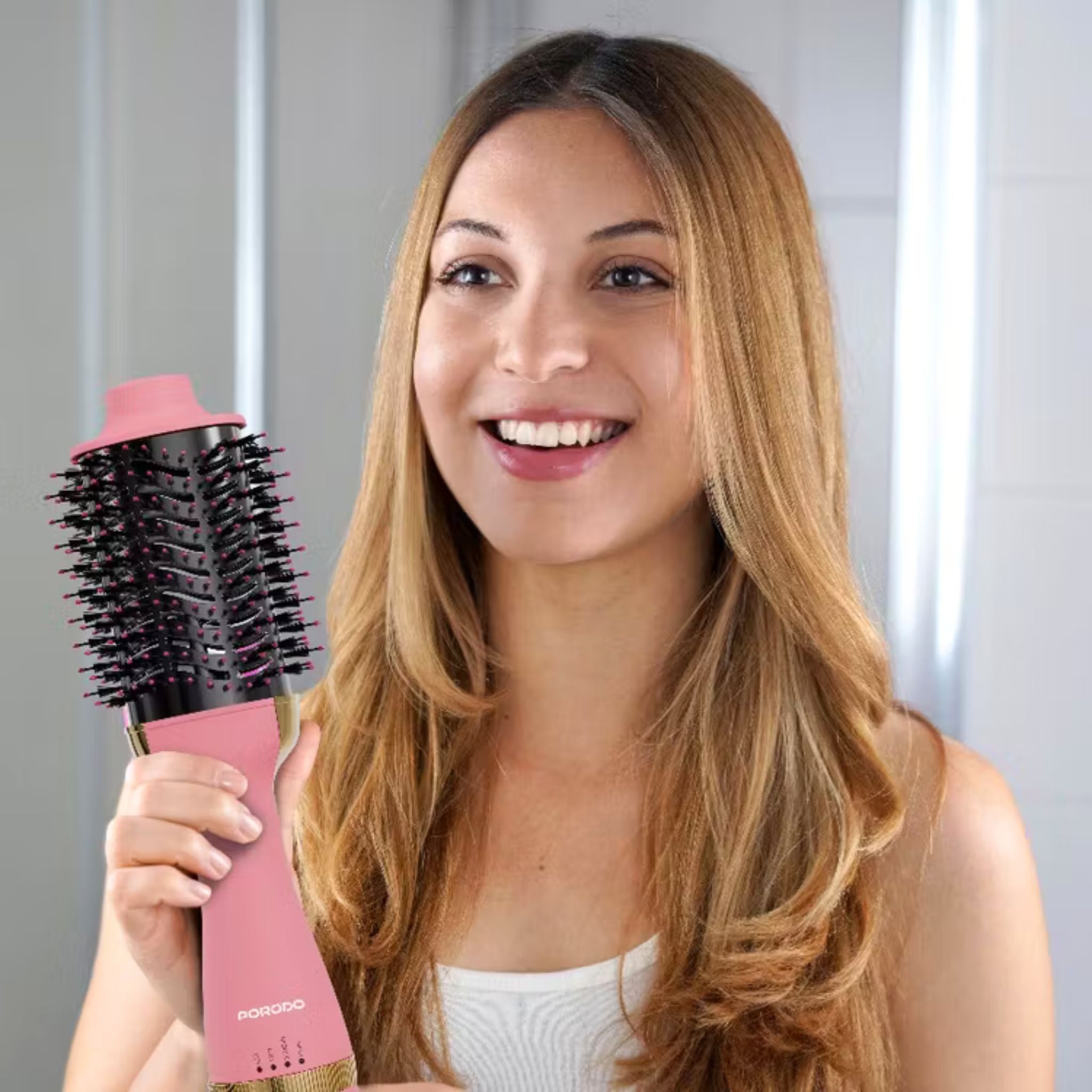 Porodo Shinewhirl Electric Hair Styling Brush with Hair Straightener Brush & Dryer, 3-Pin UK Plug, 1.8m Cord Length, Adjustable Heat Levels, Scalp Massaging Ball Tips, Ergonomic Design - Pink