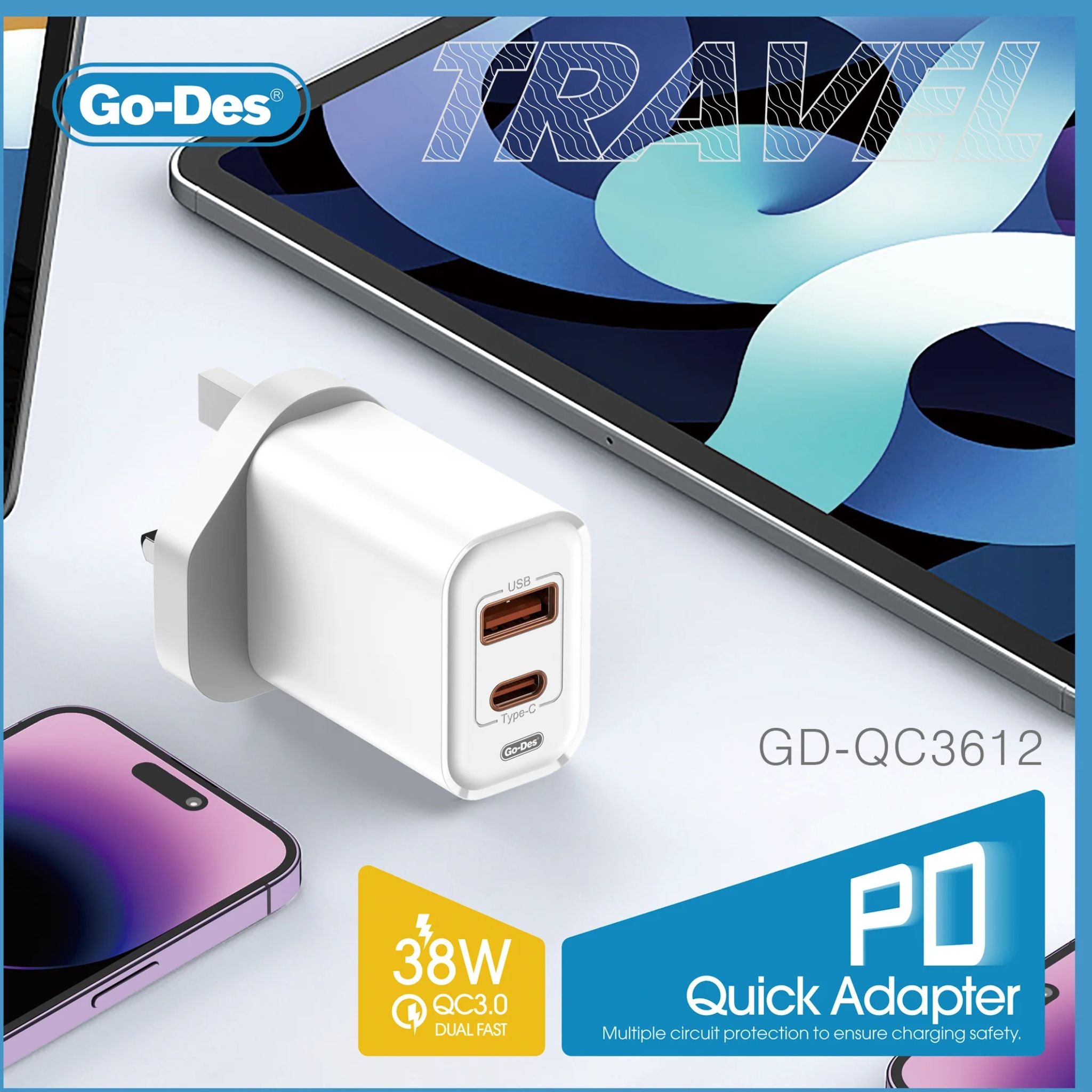 Go-Des 38W PD + QC 3.0 Dual-Port Fast Travel Charger USB-C USB-A Wall Adapter with Smart Protection