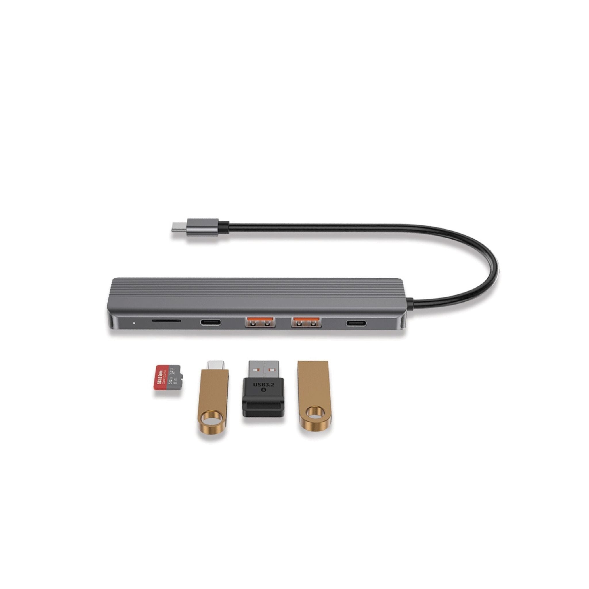 Powerology 6-in-1 Slim USB-C Hub with 4K Ultra HD HDMI, 100W PD, v3.2 10Gbps Super Speed USB-C Data, 2 x v3.2 10Gbps Super Speed USB-C Data, 4K UHD @ 60Hz HDMI, Supports v3.0 MicroSD, Fast Data & Charge - Gray