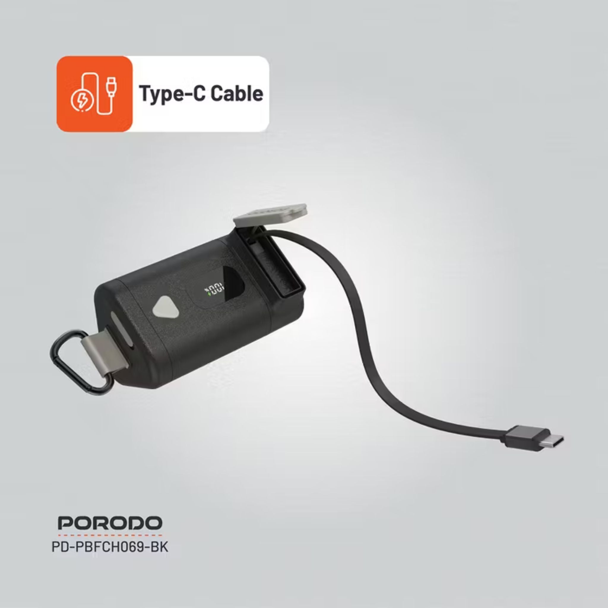 Porodo 15000mAh Power Bank with 70cm Retractable Type-C Cable, 65W Power Delivery, Built-in Safeguards, Digital Display, 0-40°C Operating Temperature - Black