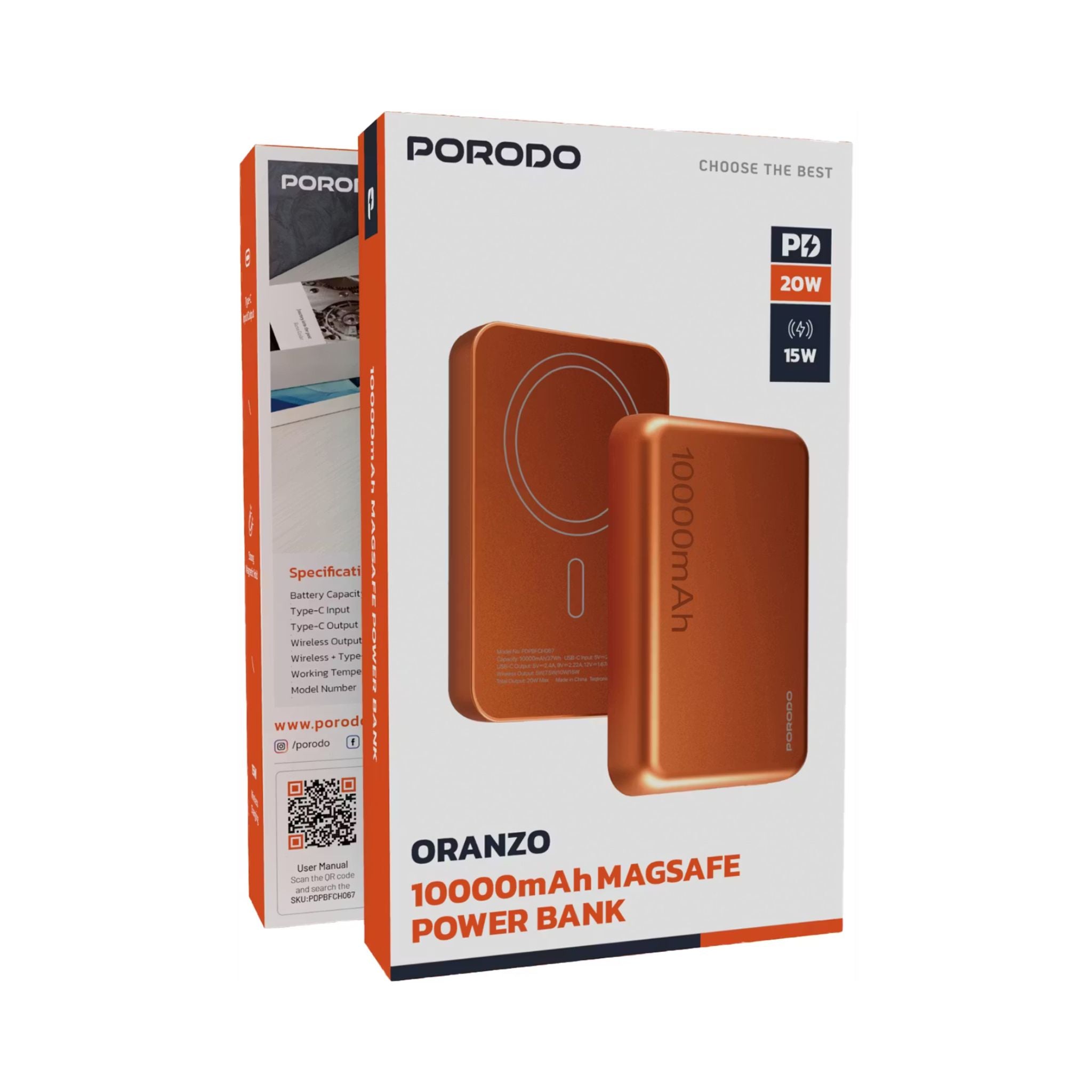 Porodo 10000mAh MagSafe Power Bank with Fast Charge, Portable & Compact Design, Type-C Input, Type-C & Wireless Outputs, 10° C-45° C Working Temperature, Strong Magnetic Hold, 20W Power Delivery - Orange