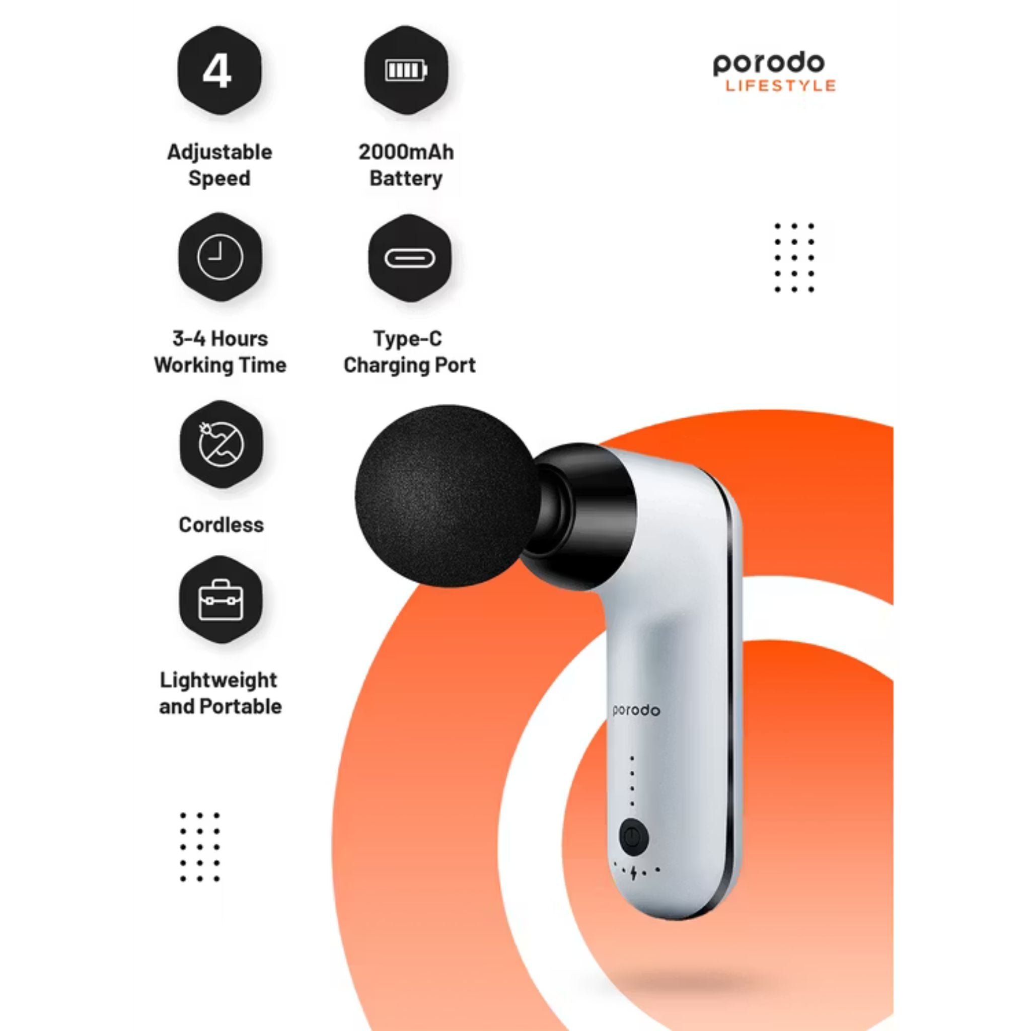 Porodo Lifestyle Mini Massage Gun 2000mAh Battery, Cordless, Adjustable Speed, 4 Interchangeable Heads, USB-C Charging, Lightweight & Portable, Ergonomic & Low Noise Design_White