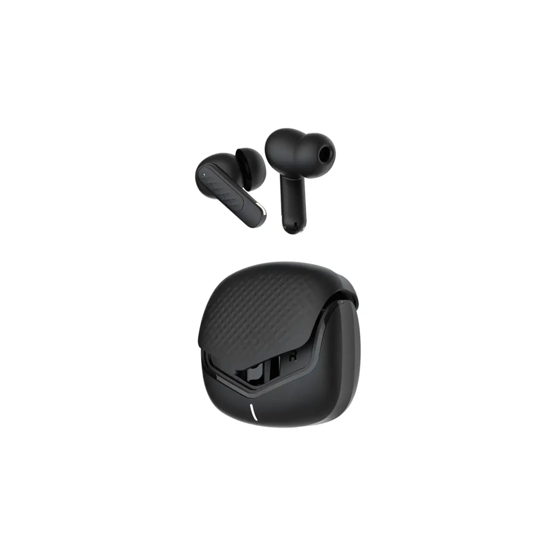 Black wireless earbuds with charging case on a white background