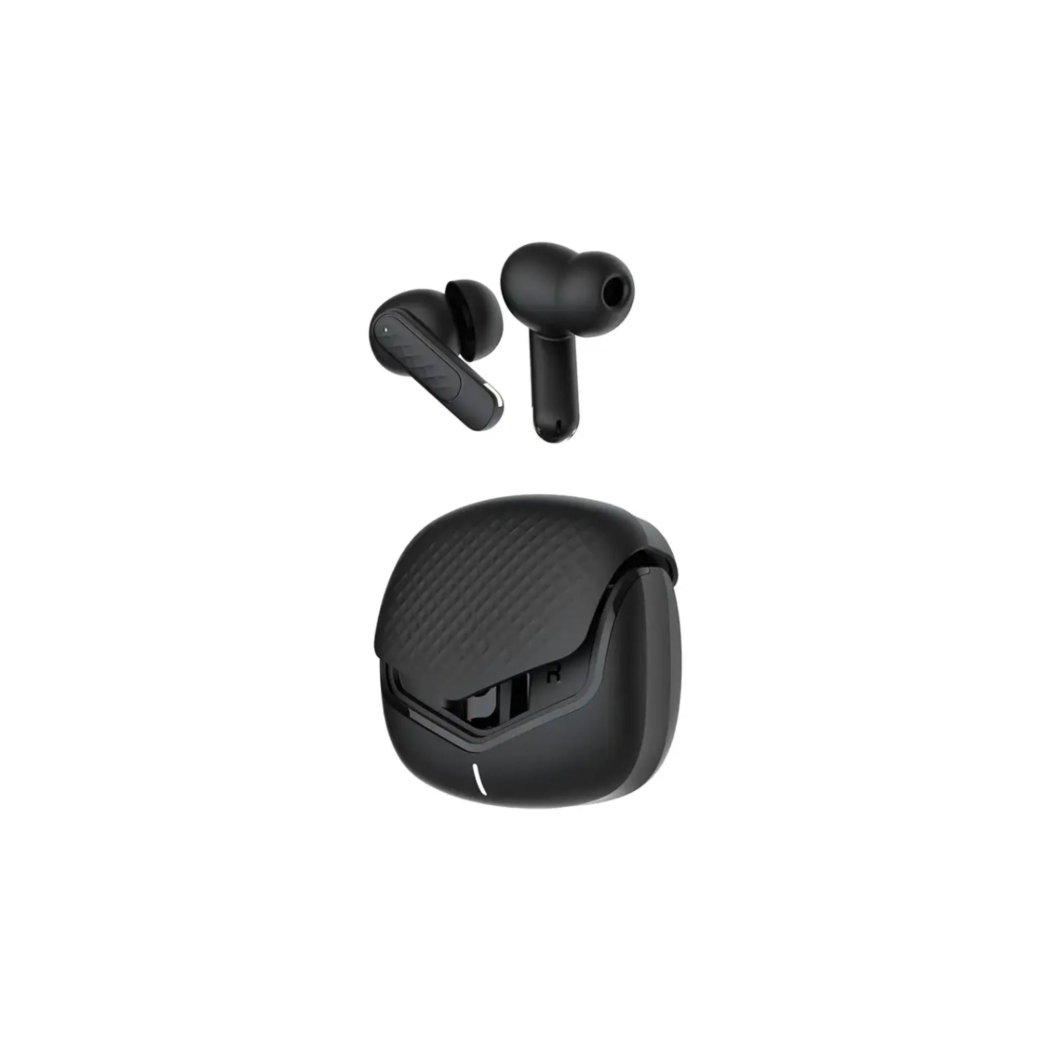 Black wireless earbuds with charging case on a white background