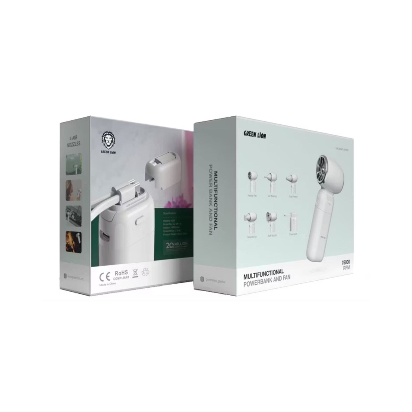 GREEN LION Multifunctional 10000mAh Power Bank and Fan, Air Blowing, Dust Protect, Smooth Air, Soft Nozzle, Up to 9 Hours of Run Time - White