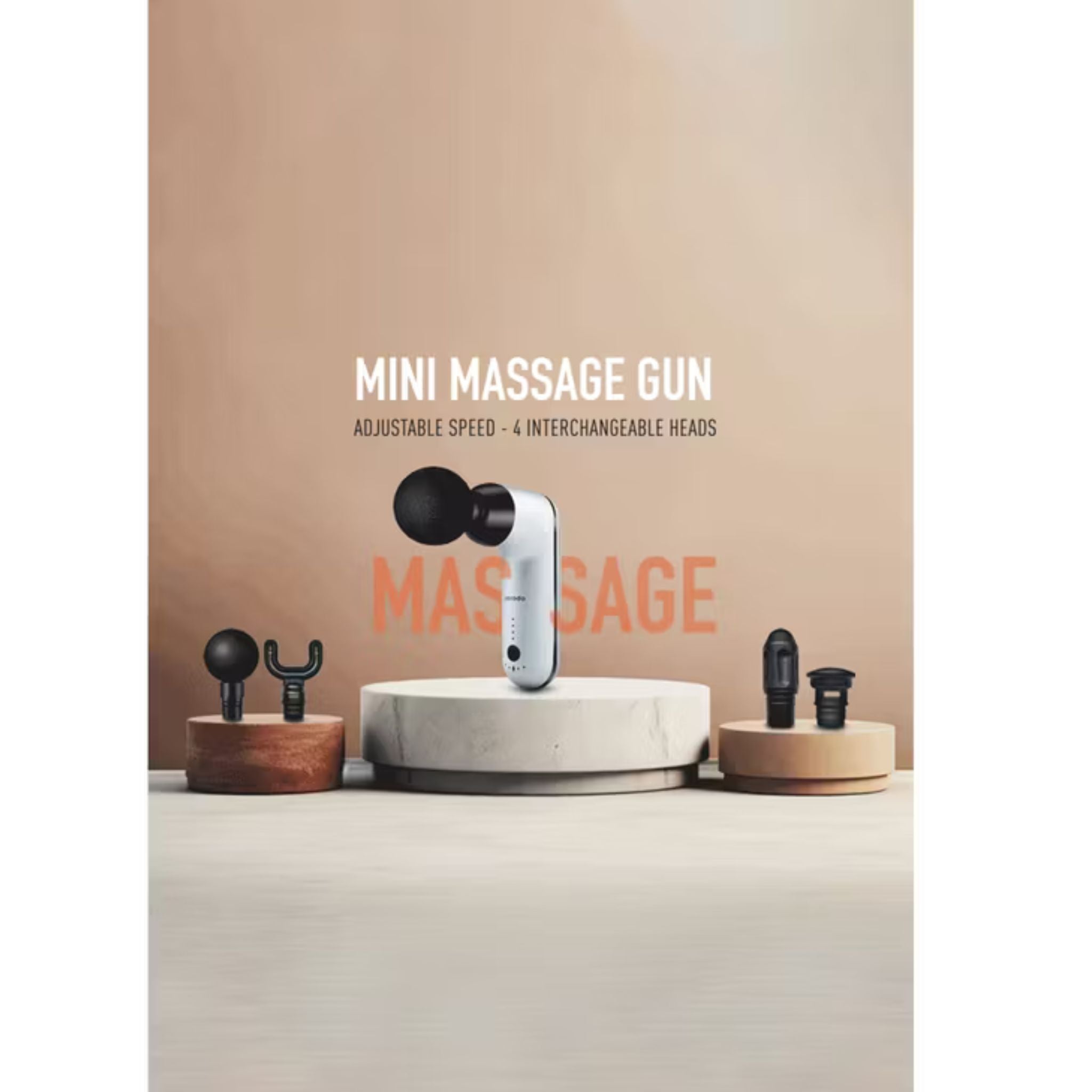 Porodo Lifestyle Mini Massage Gun 2000mAh Battery, Cordless, Adjustable Speed, 4 Interchangeable Heads, USB-C Charging, Lightweight & Portable, Ergonomic & Low Noise Design_White
