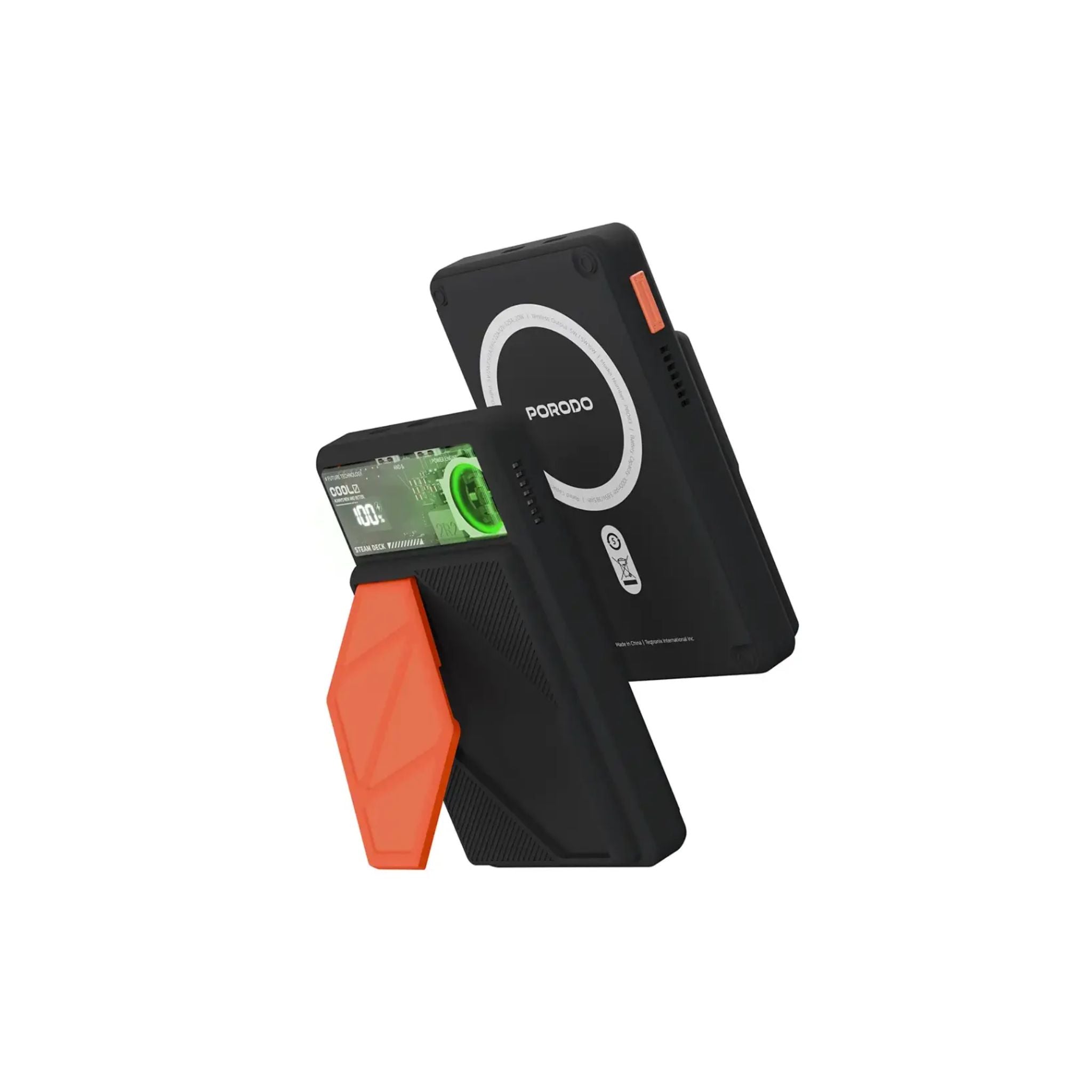 Two black and orange phone cases with a visible brand logo on a white background