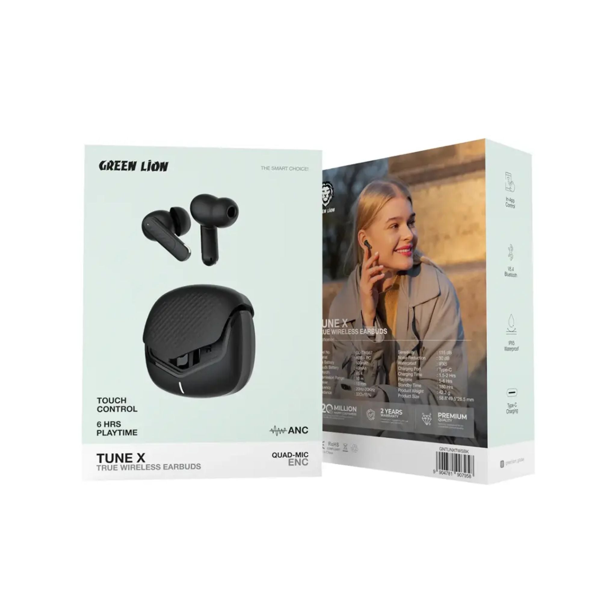 Green Lion TUNE X True Wireless Earbuds, Quad-Mic ENC, IPX5 Waterproof, Touch Control, 5-6 Hrs Playtime, Type-C Charging, Noise Reduction, Enhanced Audio Experience, In-App Control-White