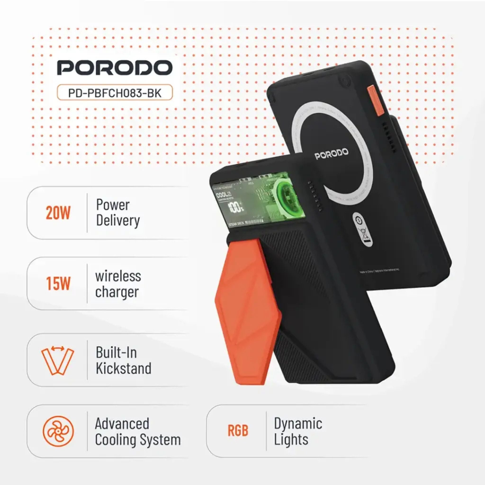 Porodo 10000mAh Power Bank, Compatible with MagSafe, Smart Thermal Cooling, Built-in Fan, Grip Stand, 20W PD, 15W Wireless Charging, Lightning & USB-C Ports, Compatible with iPhone 16/15/14/13, S25-Black
