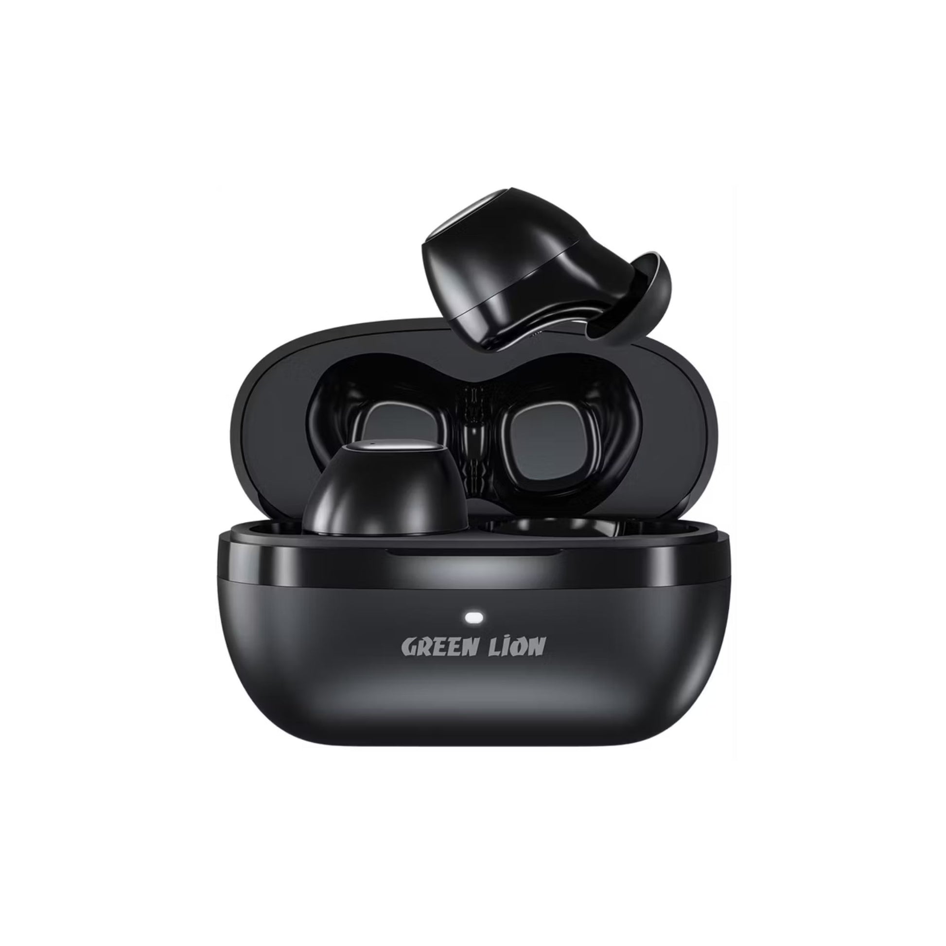 Black wireless earbuds in an open charging case on a white background with 'Green Lion' branding.