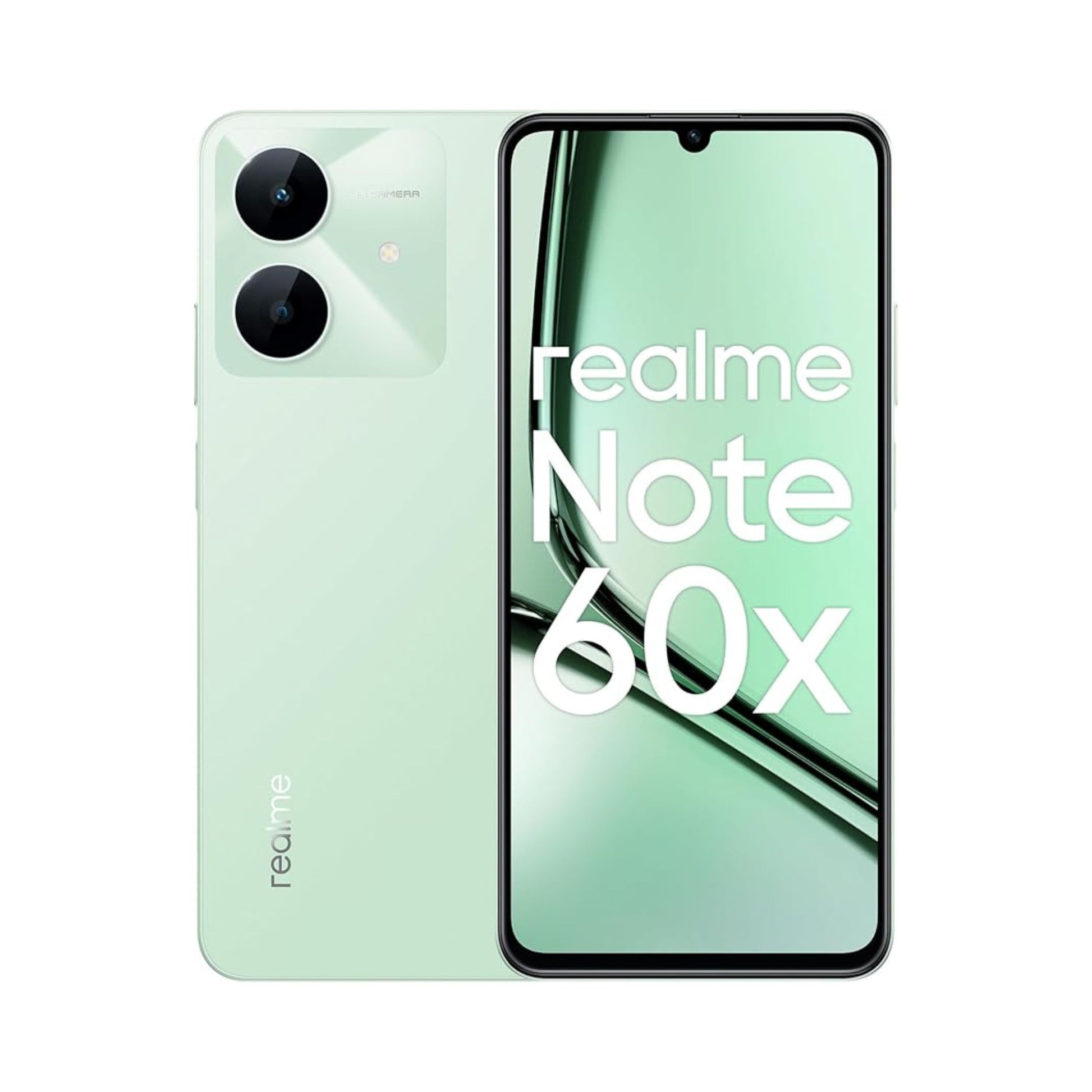 Green smartphone with 'realme Note 60x' text on a white background