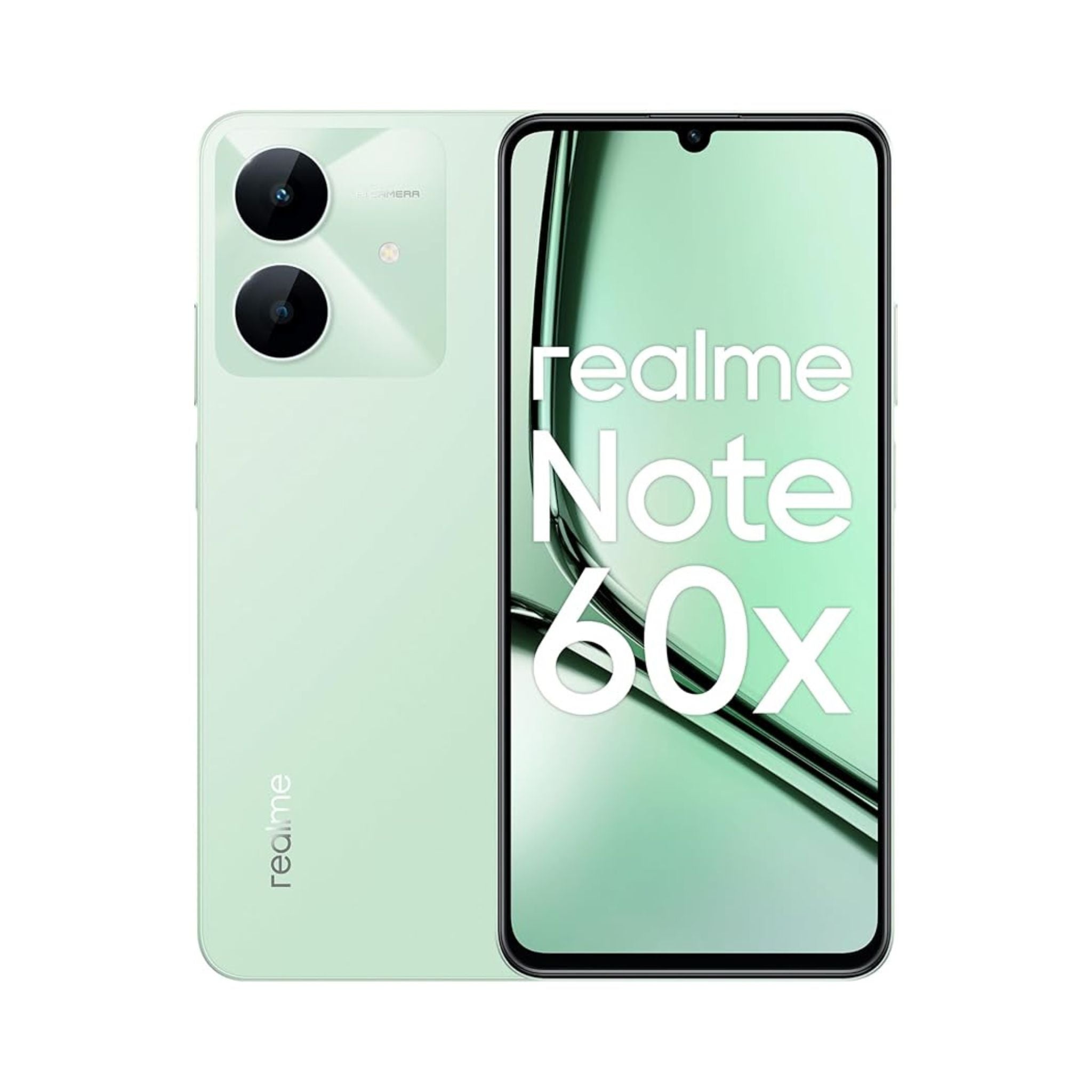Green smartphone with 'realme Note 60x' text on a white background