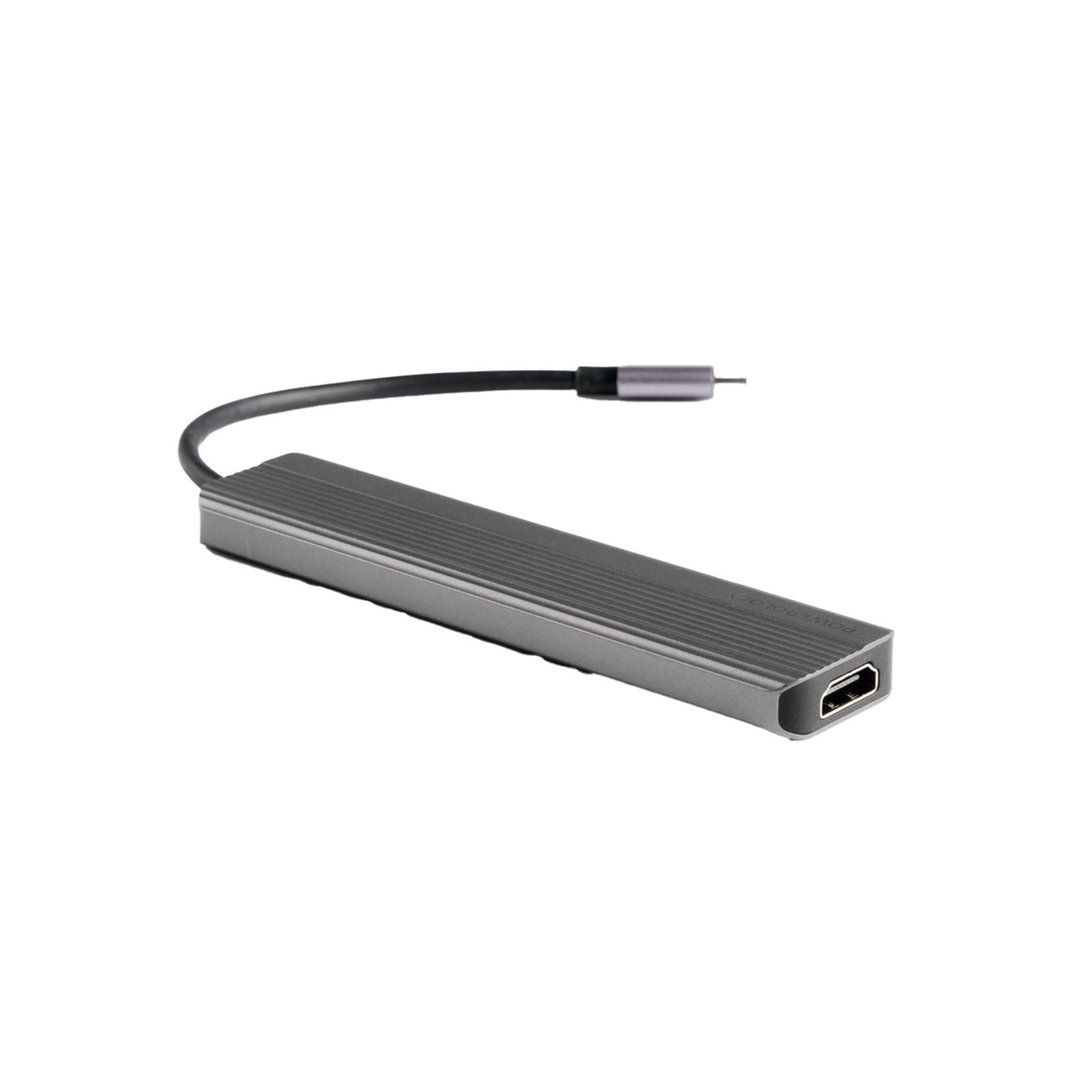 Powerology 6-in-1 Slim USB-C Hub with 4K Ultra HD HDMI, 100W PD, v3.2 10Gbps Super Speed USB-C Data, 2 x v3.2 10Gbps Super Speed USB-C Data, 4K UHD @ 60Hz HDMI, Supports v3.0 MicroSD, Fast Data & Charge - Gray