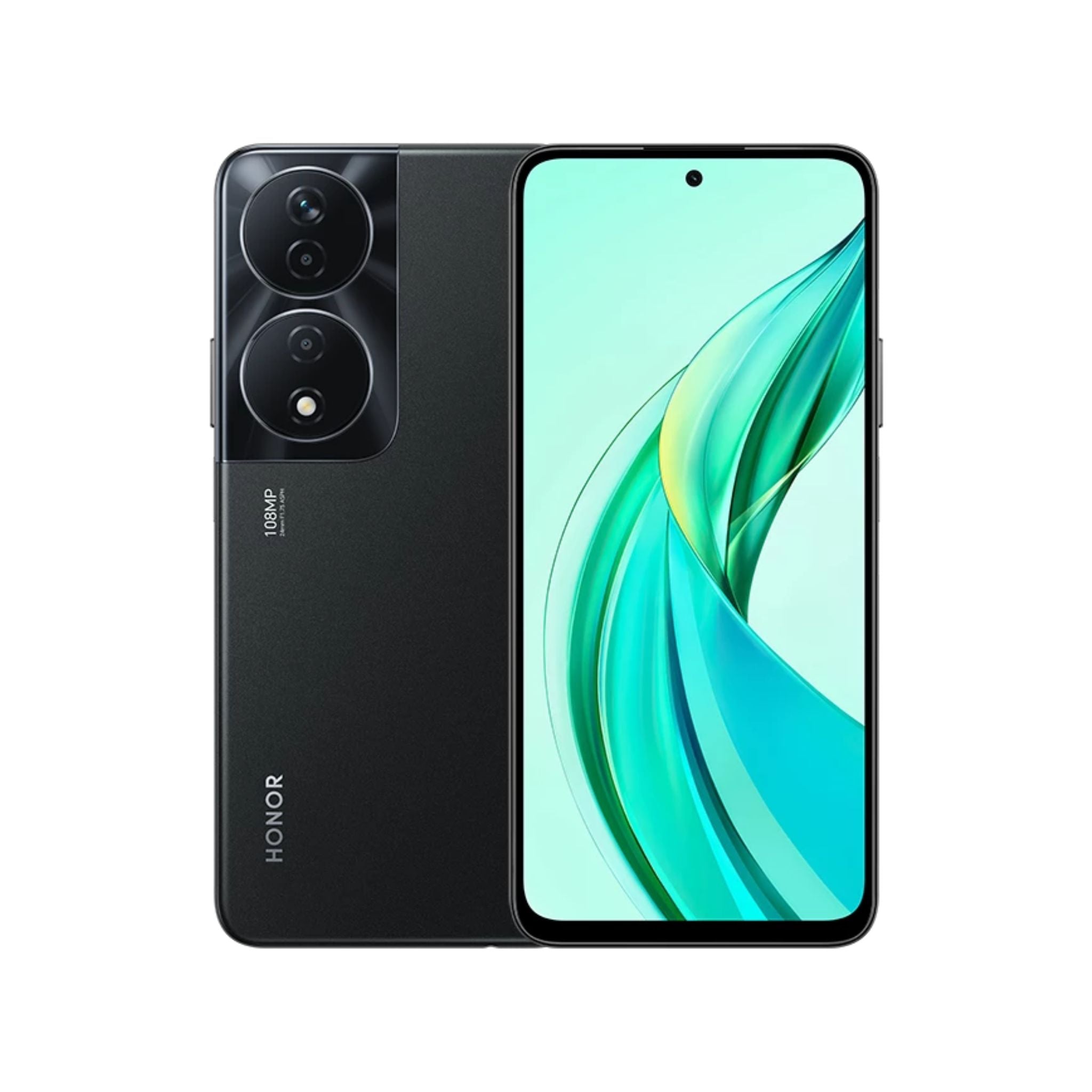 Honor smartphone showing front and back on a white background