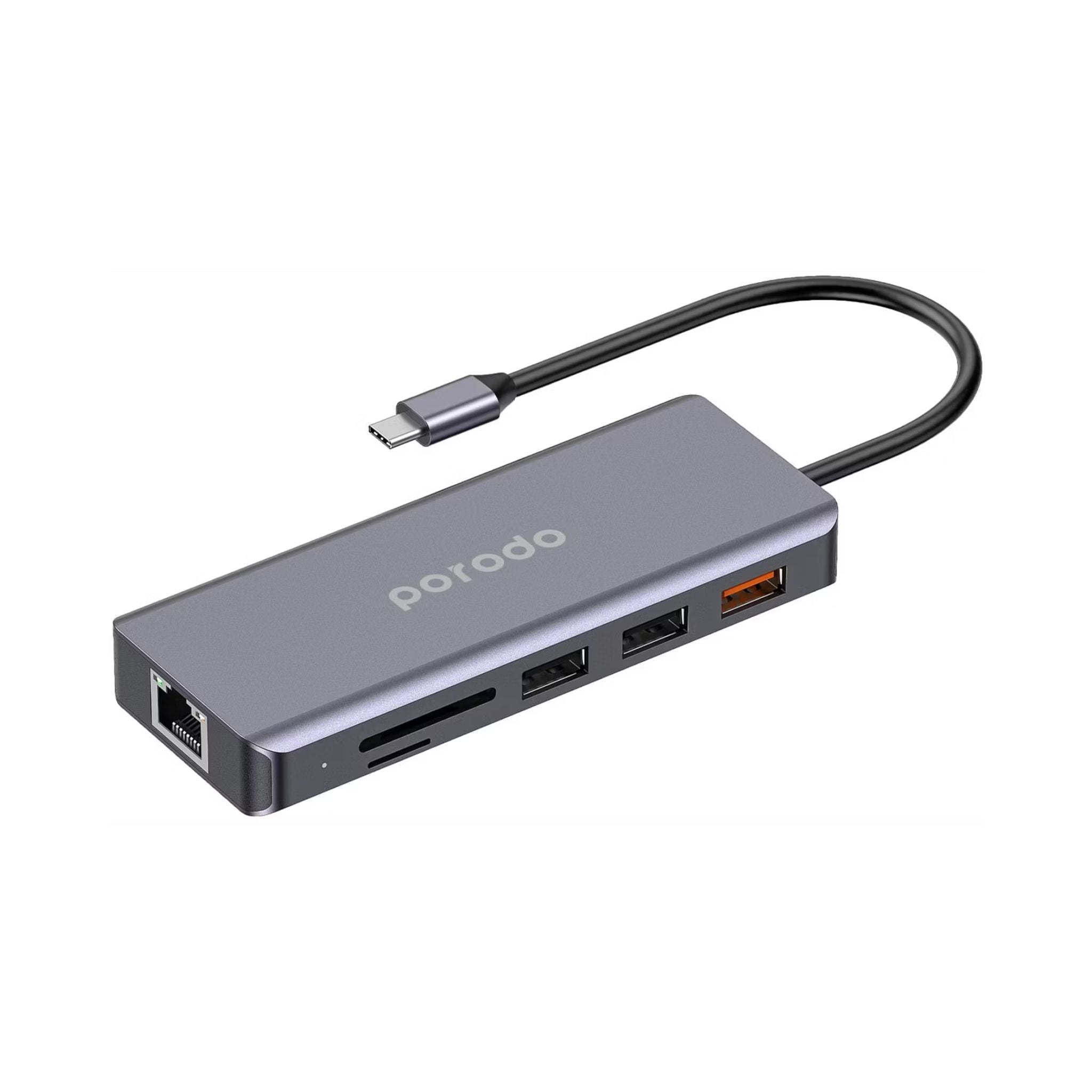 Porodo 9-in-1 USB-C Hub 4K HDMI Ethernet with 100W Power Delivery, 3.5mm Aux, USB-C Version 3.2, 10Gbps Data Transfer Speed, SD & Micro SD Memory Slot - Gray