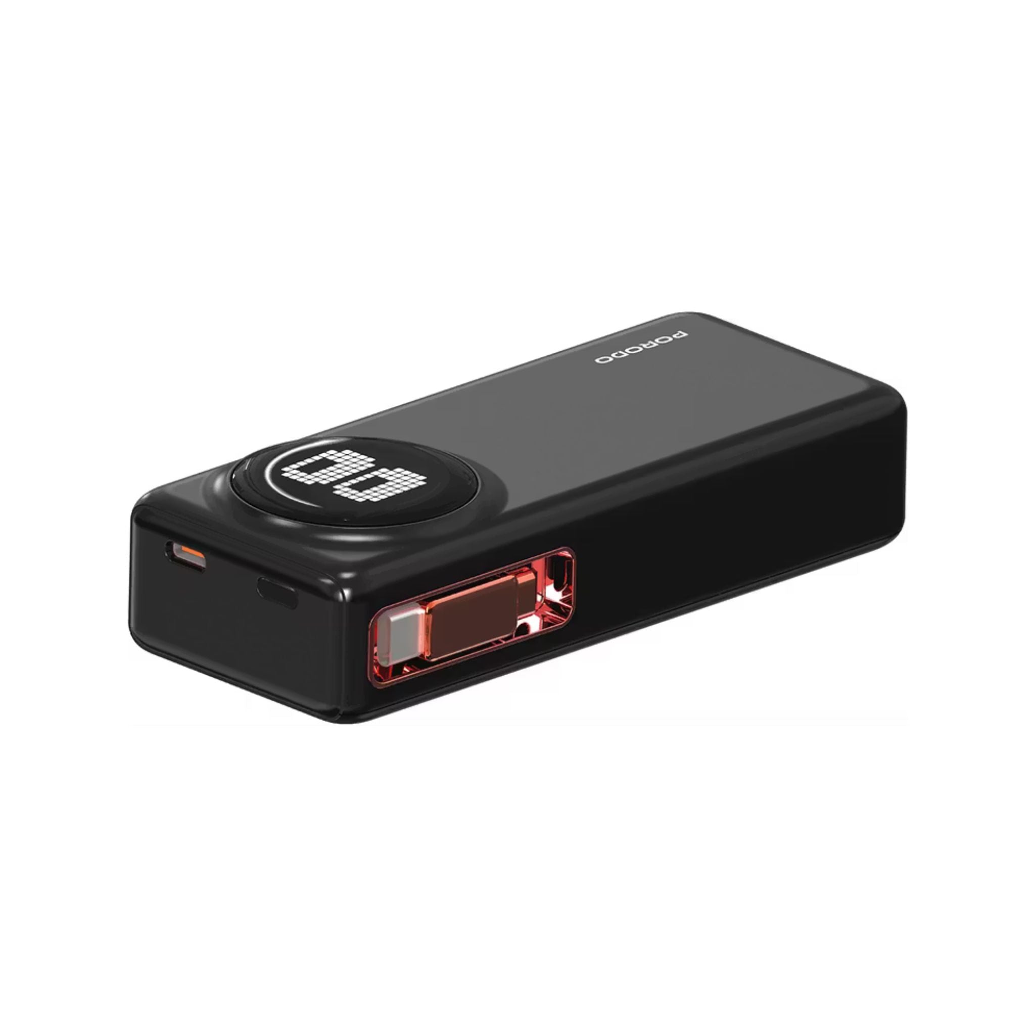 Porodo 10000mAh Animated Display Power Bank with 68cm Retractable Type-C Cable, Over 300 Charge Cycles, 45W Power Delivery, Simultaneous Charging - Black