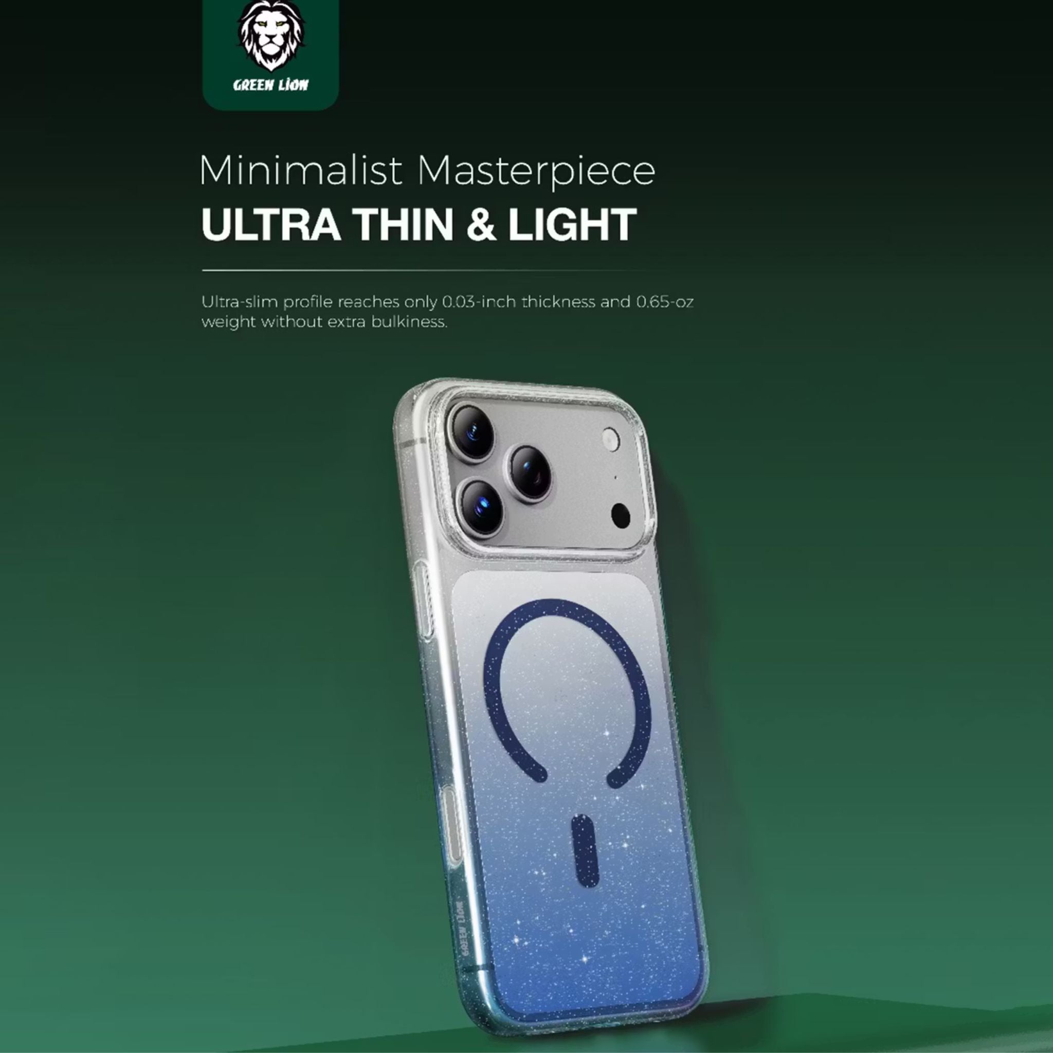 Green Lion Glitter MagSafe Case for iPhone 17 Pro Max, Anti-Fingerprint & Anti-Scratch, Comfortable Grip, Camera Protection, Anti-Yellowing, Ultra-Slim & Lightweight Design - Blue