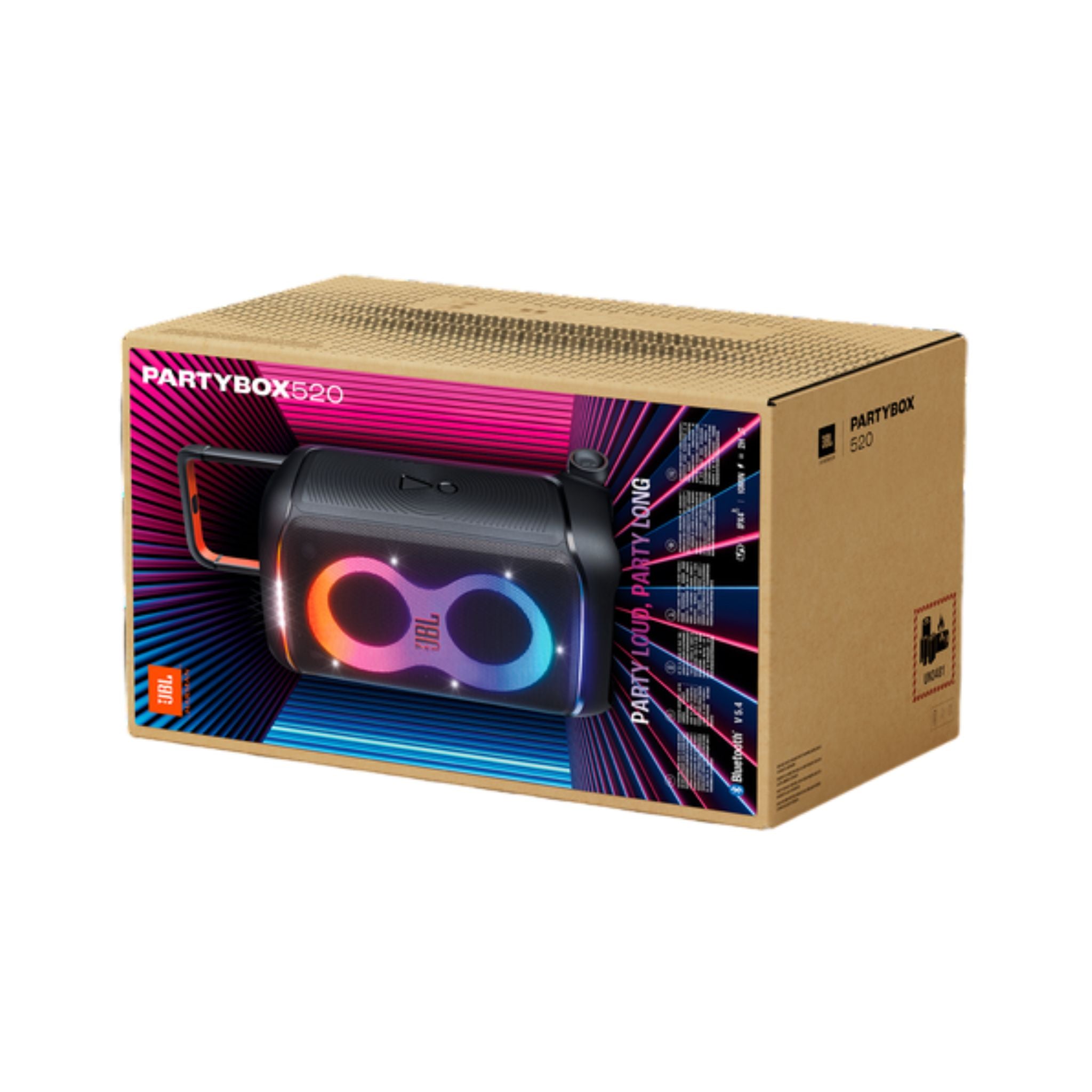 JBL PartyBox 520 Portable Bluetooth Speaker, 400W Output Power, 40 Hz-20 kHz Frequency Response, AI Sound Boost, Lightshow, Auracast Multi-Speaker Connection, IPX4 Splash Proof - Black