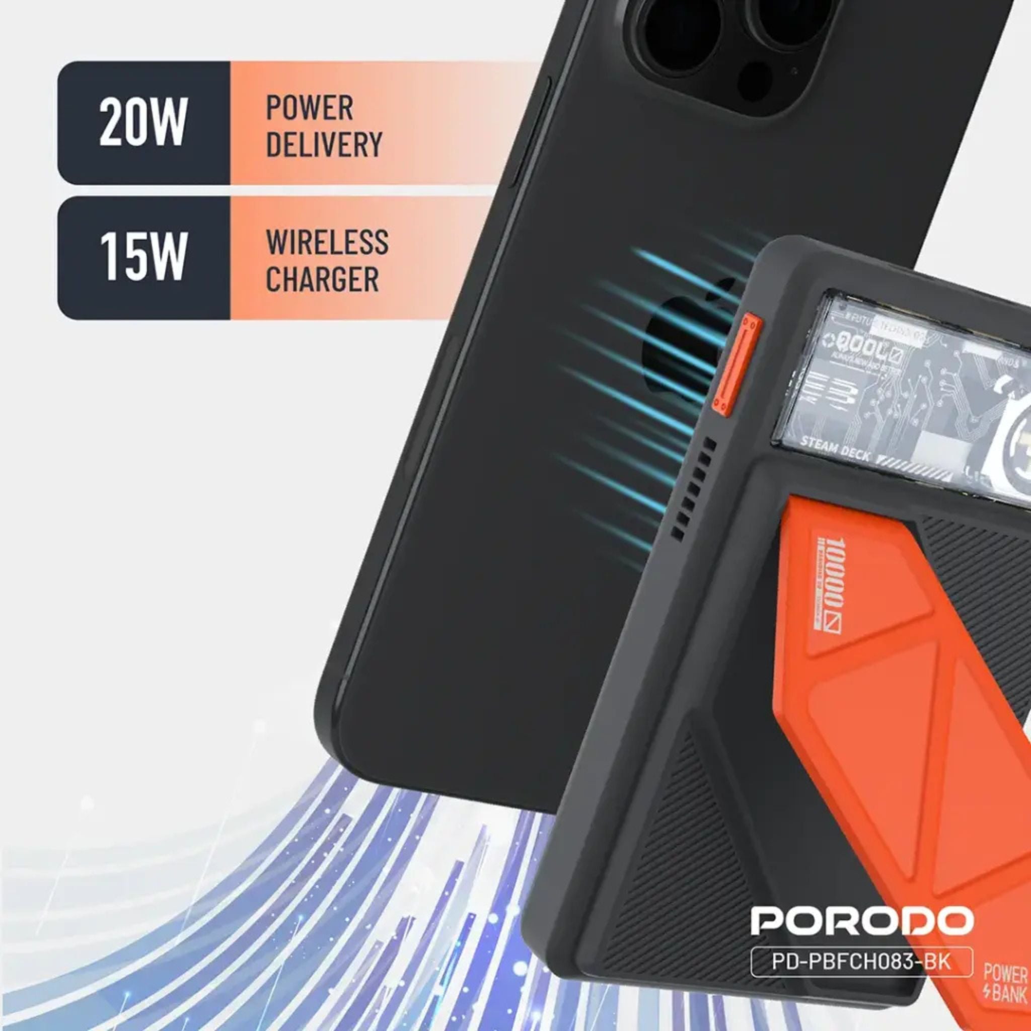 Porodo 10000mAh Power Bank, Compatible with MagSafe, Smart Thermal Cooling, Built-in Fan, Grip Stand, 20W PD, 15W Wireless Charging, Lightning & USB-C Ports, Compatible with iPhone 16/15/14/13, S25-Black