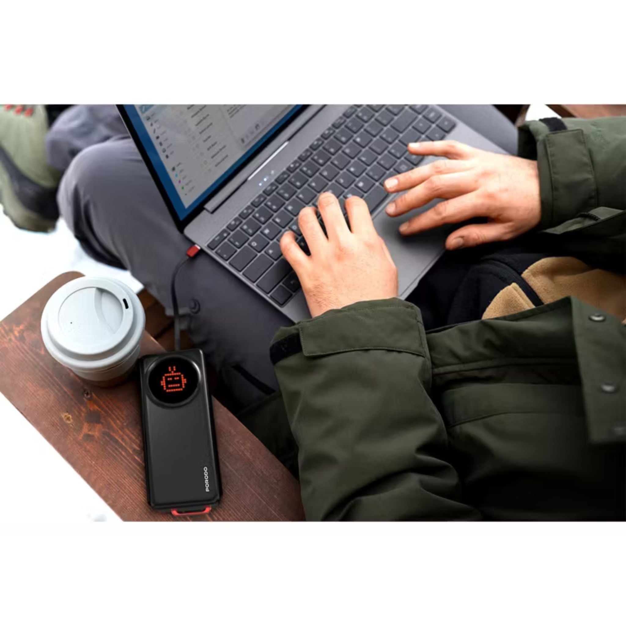 Porodo 10000mAh Animated Display Power Bank with 68cm Retractable Type-C Cable, Over 300 Charge Cycles, 45W Power Delivery, Simultaneous Charging - Black