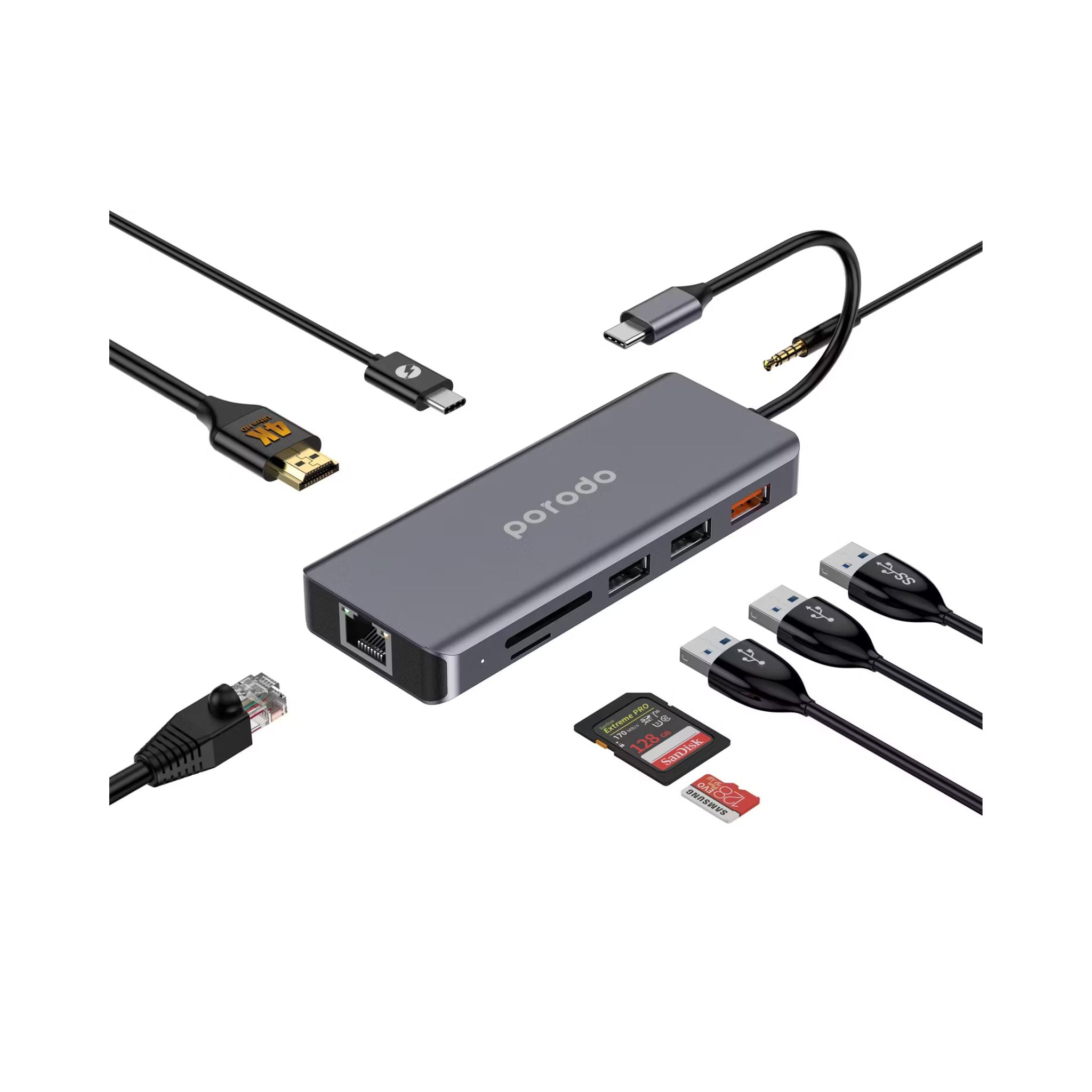 Porodo 9-in-1 USB-C Hub 4K HDMI Ethernet with 100W Power Delivery, 3.5mm Aux, USB-C Version 3.2, 10Gbps Data Transfer Speed, SD & Micro SD Memory Slot - Gray
