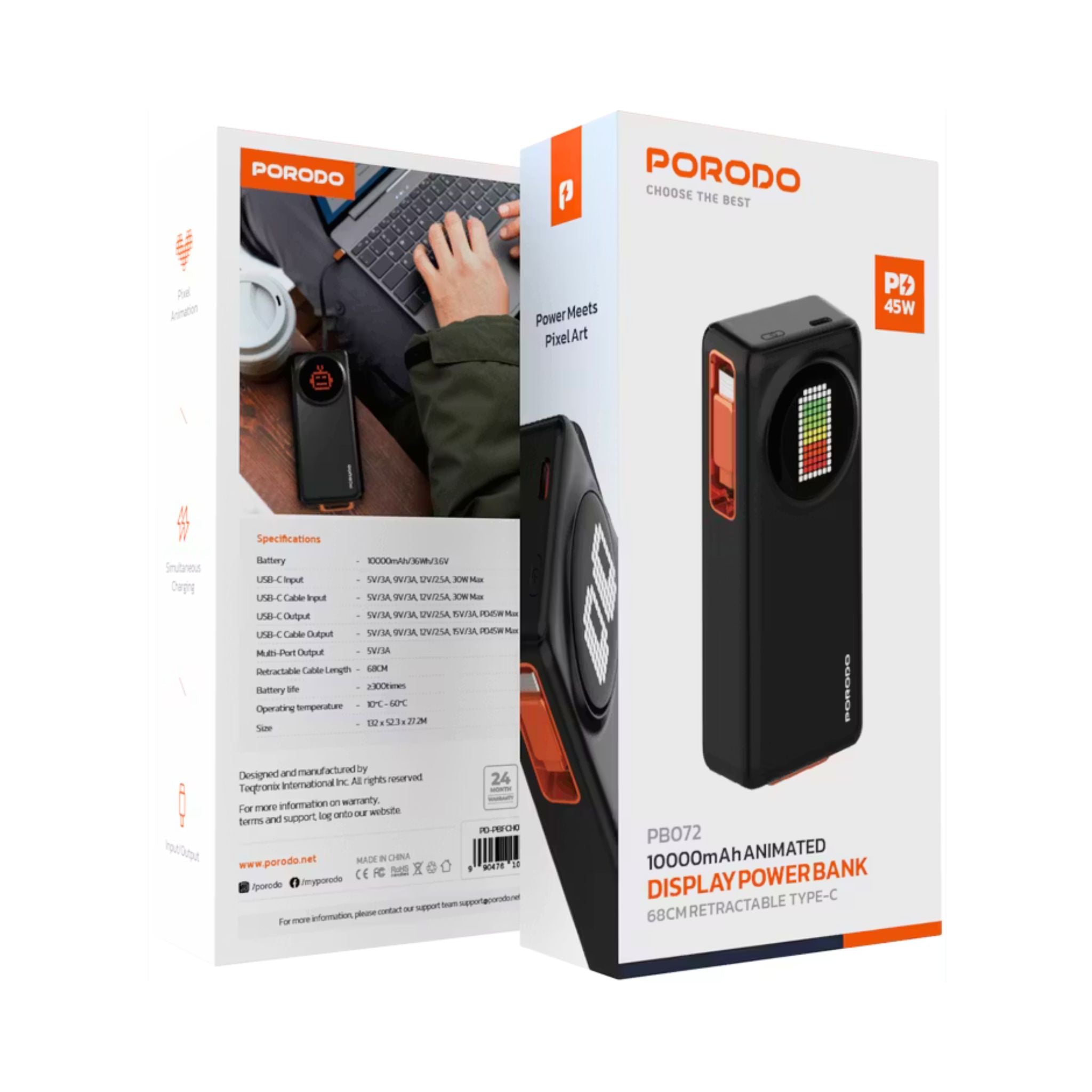 Porodo 10000mAh Animated Display Power Bank with 68cm Retractable Type-C Cable, Over 300 Charge Cycles, 45W Power Delivery, Simultaneous Charging - Black
