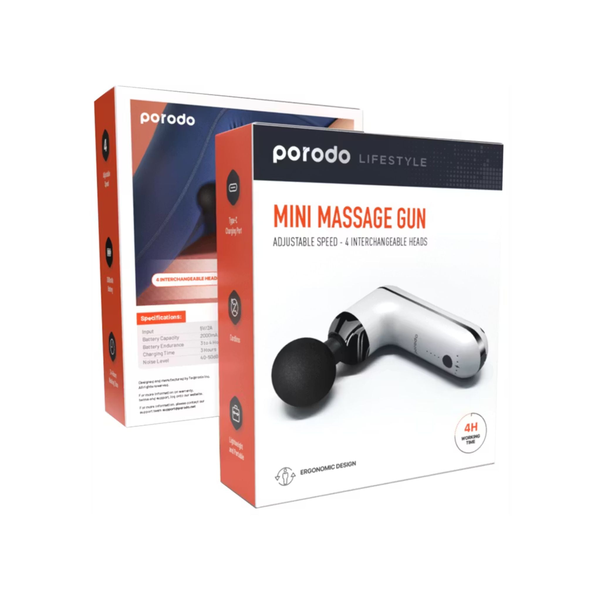 Porodo Lifestyle Mini Massage Gun 2000mAh Battery, Cordless, Adjustable Speed, 4 Interchangeable Heads, USB-C Charging, Lightweight & Portable, Ergonomic & Low Noise Design_White