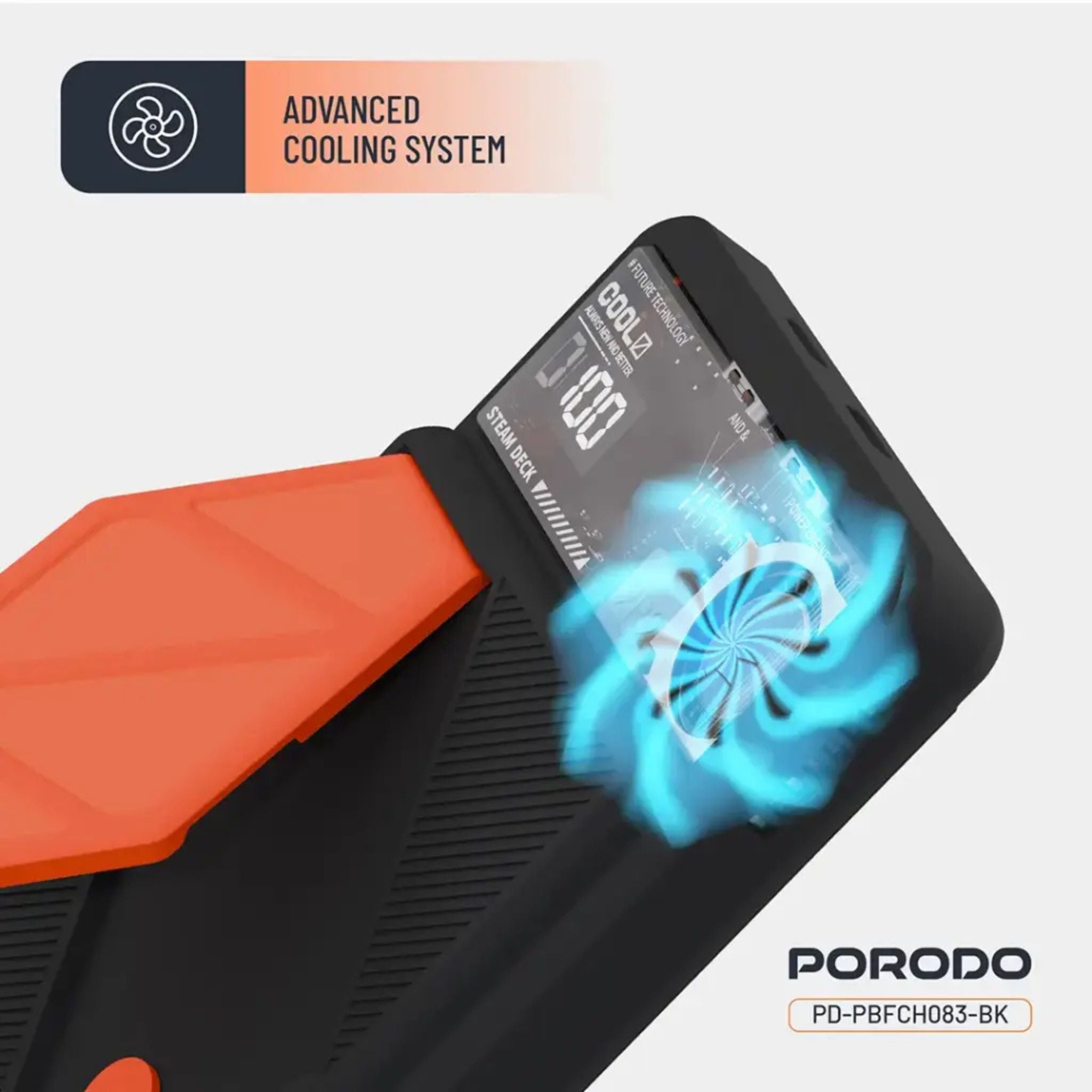 Porodo 10000mAh Power Bank, Compatible with MagSafe, Smart Thermal Cooling, Built-in Fan, Grip Stand, 20W PD, 15W Wireless Charging, Lightning & USB-C Ports, Compatible with iPhone 16/15/14/13, S25-Black