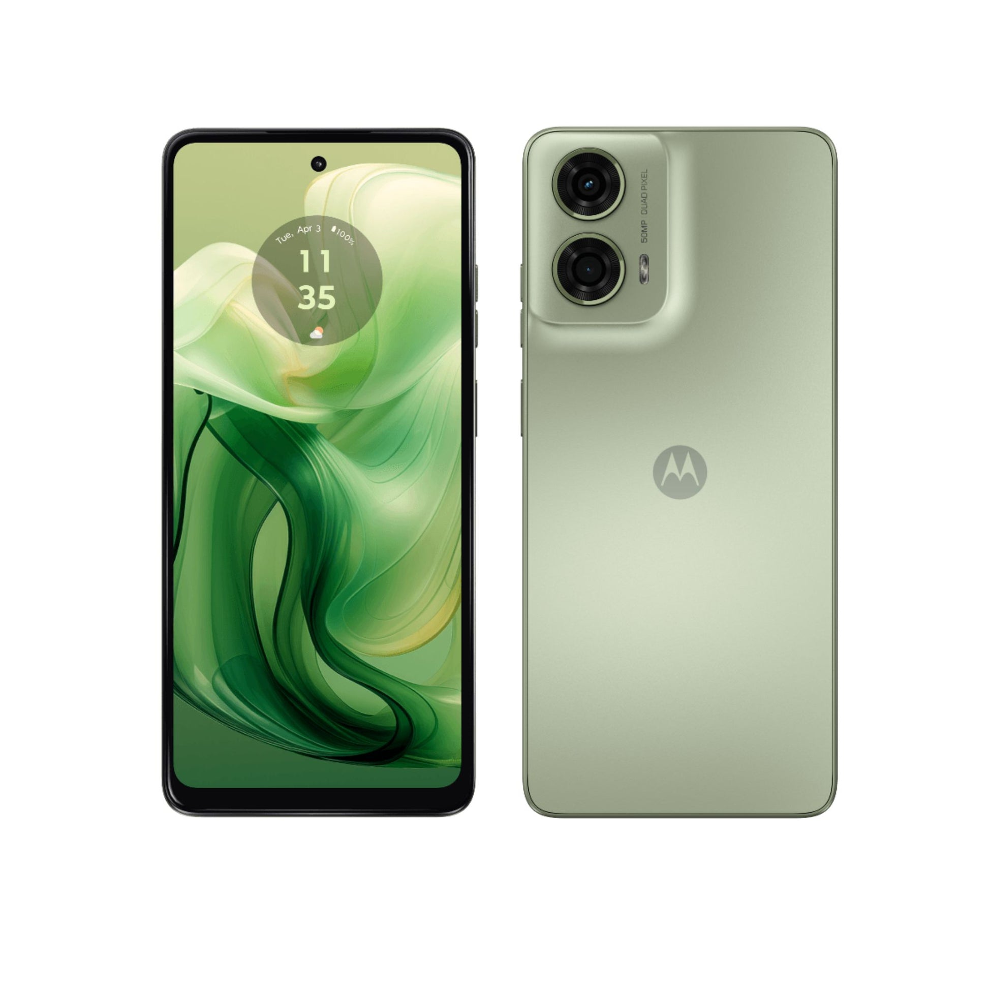 Green smartphone showing front and back on a white background